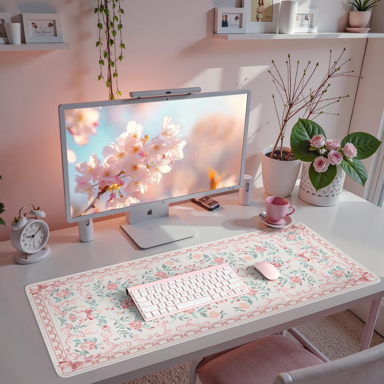 iCasso Pink Large Non-Slip Desk Mat with Stitched Edges - Cute Bow Mouse Pad for Women, Home Office, Study & Gaming - Soft Computer Desk Pad for Laptop, Keyboard & Workspace Organization