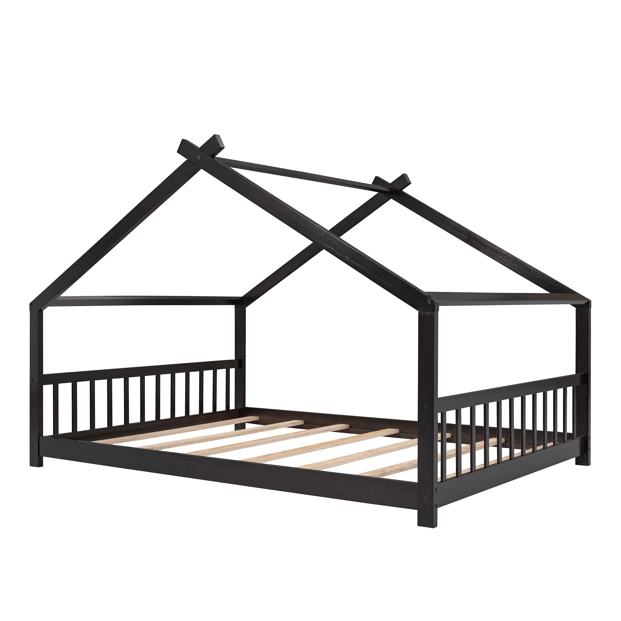 Full Size Wooden House Bed Frame for Kids with Headboard & Footrest - Sturdy Slatted Support, No Box Spring Needed - Espresso Finish - Perfect for Boys & Girls Bedrooms, Playrooms & Cozy Sleep Spaces