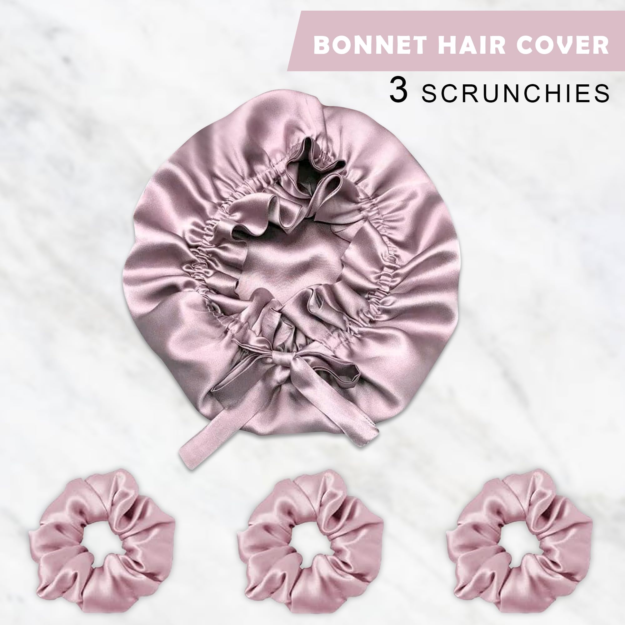 GLUN® Satin Rose Bonnet Hair Protector with 3 Scrunchies - Soft Sleep Cap for Frizz Control, Moisture Retention & Hair Breakage Prevention - Ideal for Curly, Natural & Protective Hairstyles - Perfect for Nighttime, Travel & Salon Visits
