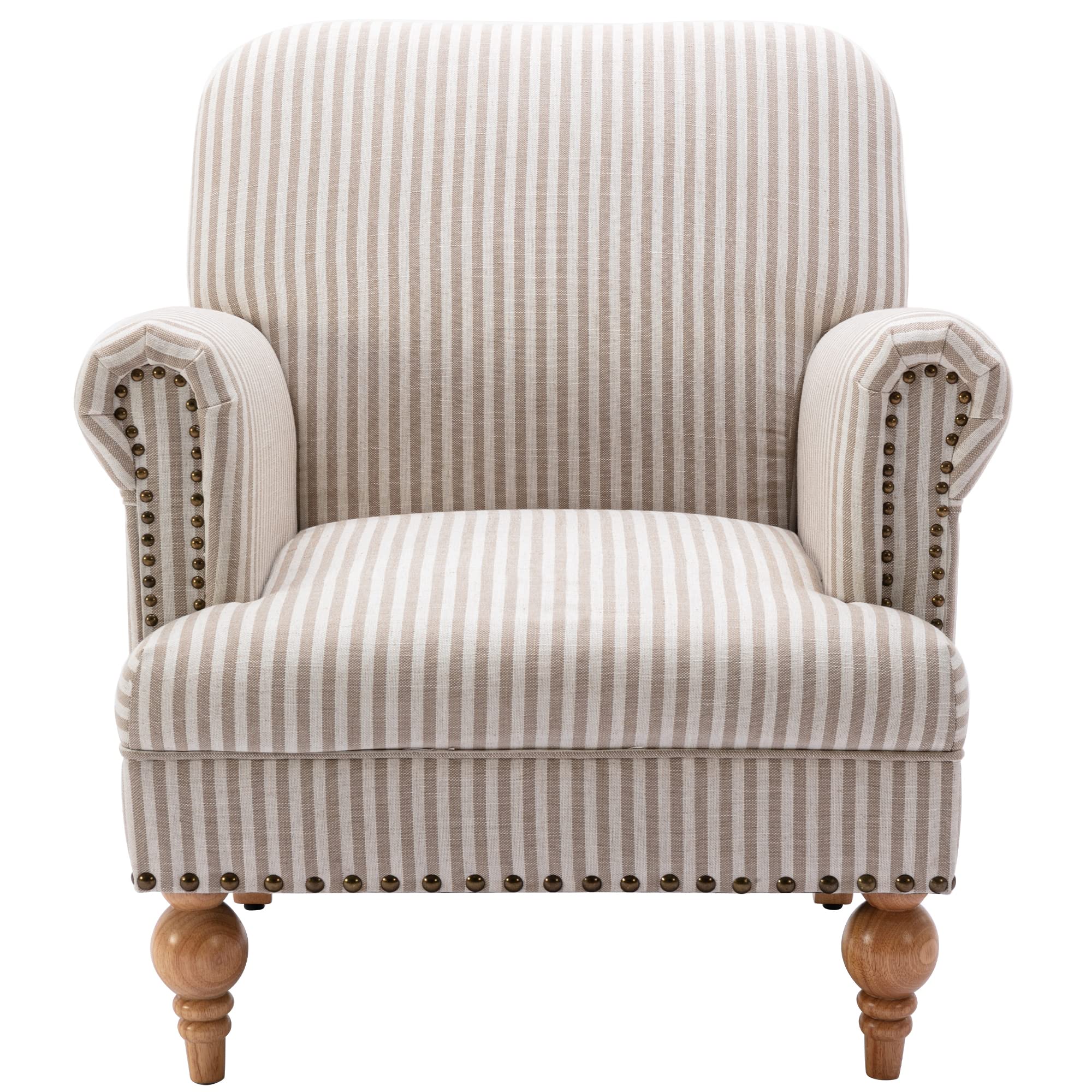 Modern Linen Accent Chair - DM-Furniture Wide Armchair with Upholstered Comfort for Living Room & Bedroom | Beige Striped Lounge Chair for Reading, Relaxing & Home Decor