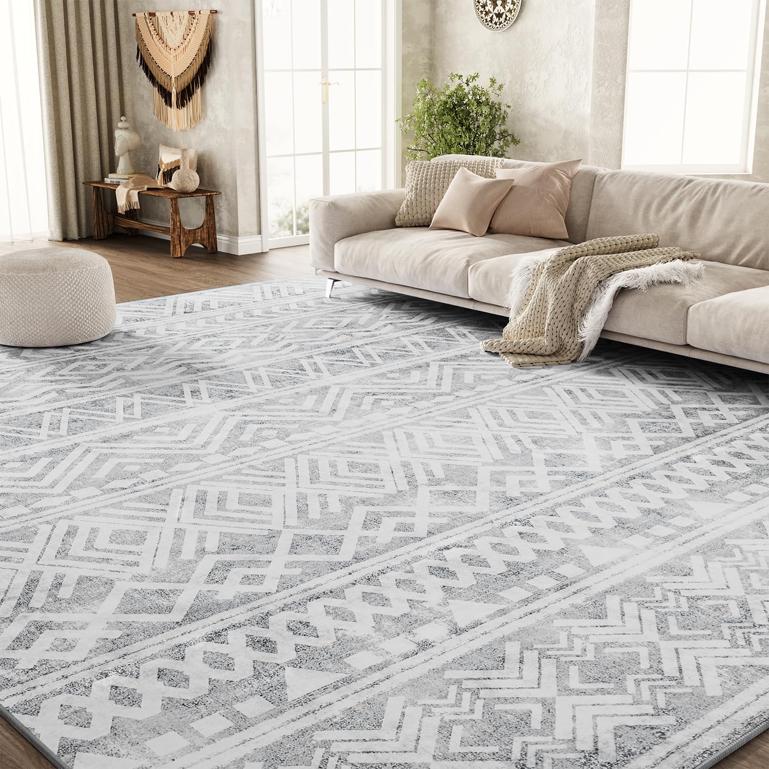 Boho Area Rug 5x7 - Moroccan Style Machine Washable Carpet for Living Room, Bedroom & Dining Room - Neutral Grey Taupe - Perfect for Bohemian Decor, Cozy Home & Modern Interior Design