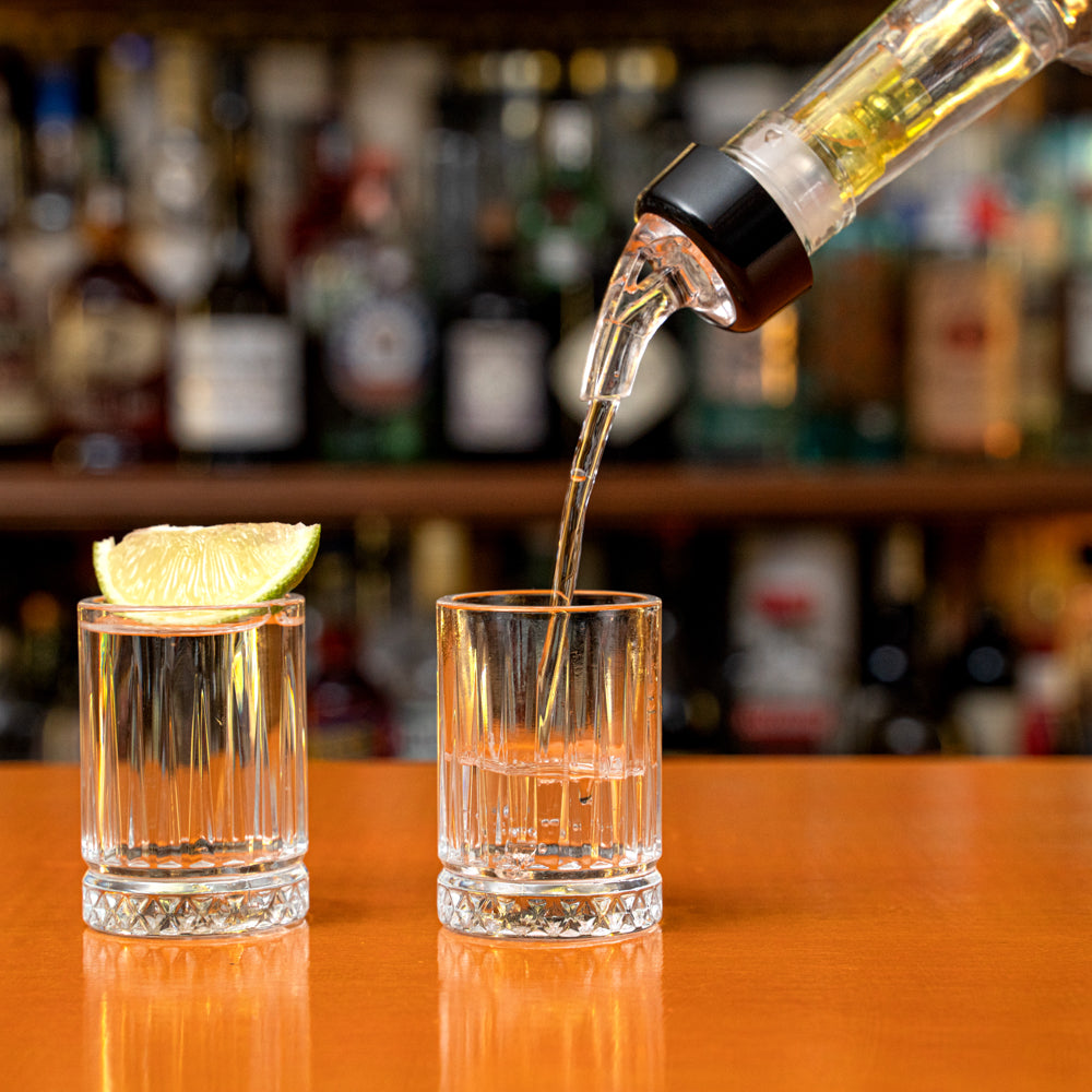 1.5 oz Yellow Plastic Measured Liquor Pourer with Collar & Clear Spout - 10 Pack (1.5