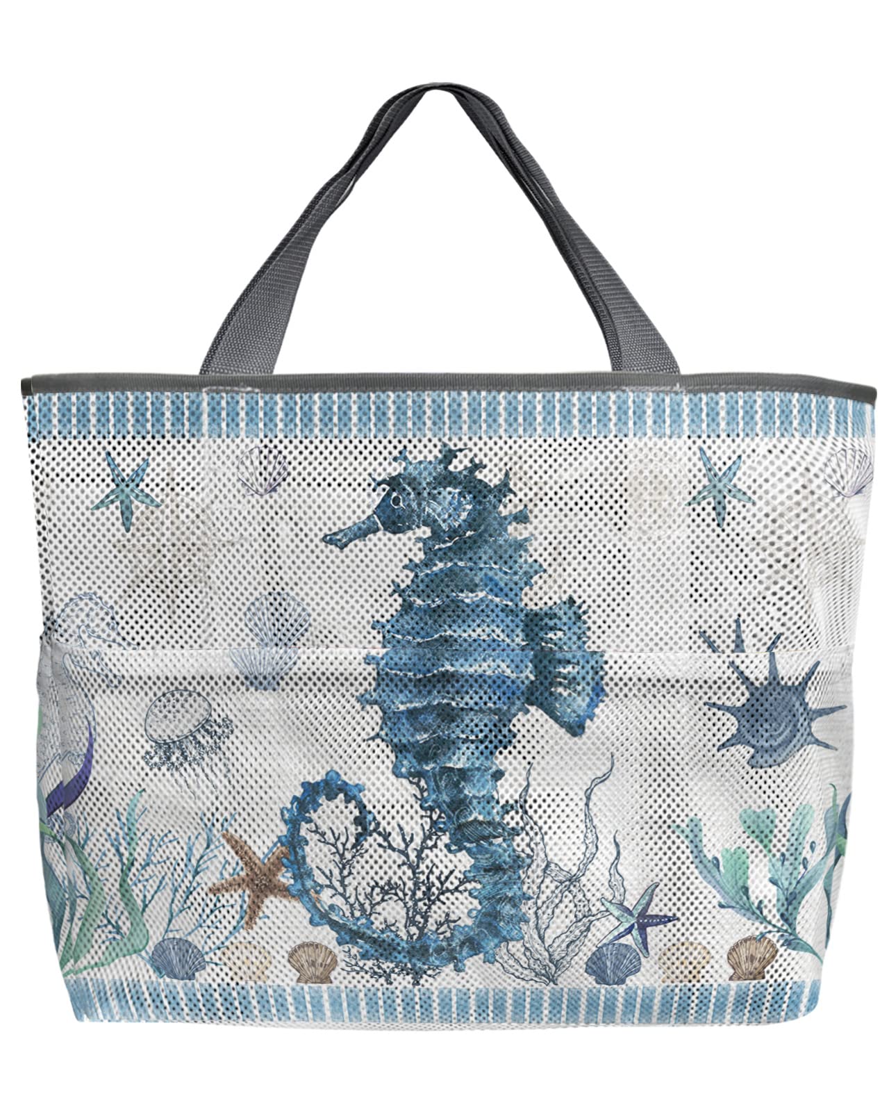 Mesh Beach Tote Bag - 60L Oversized Seahorse Blue Striped Ocean Design | Quick Dry Swim Bag with Pockets | Foldable Lightweight for Beach, Pool & Grocery Storage | Perfect for Summer Vacations, Water Sports & Shopping Trips (24