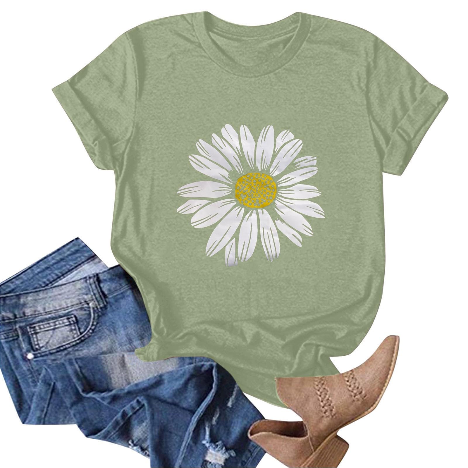 Women's Sunflower Graphic T-Shirt - Cute Floral Print Loose Fit Crew Neck Short Sleeve Casual Top for Summer | Perfect for Beach Outings, Picnics & Everyday Wear