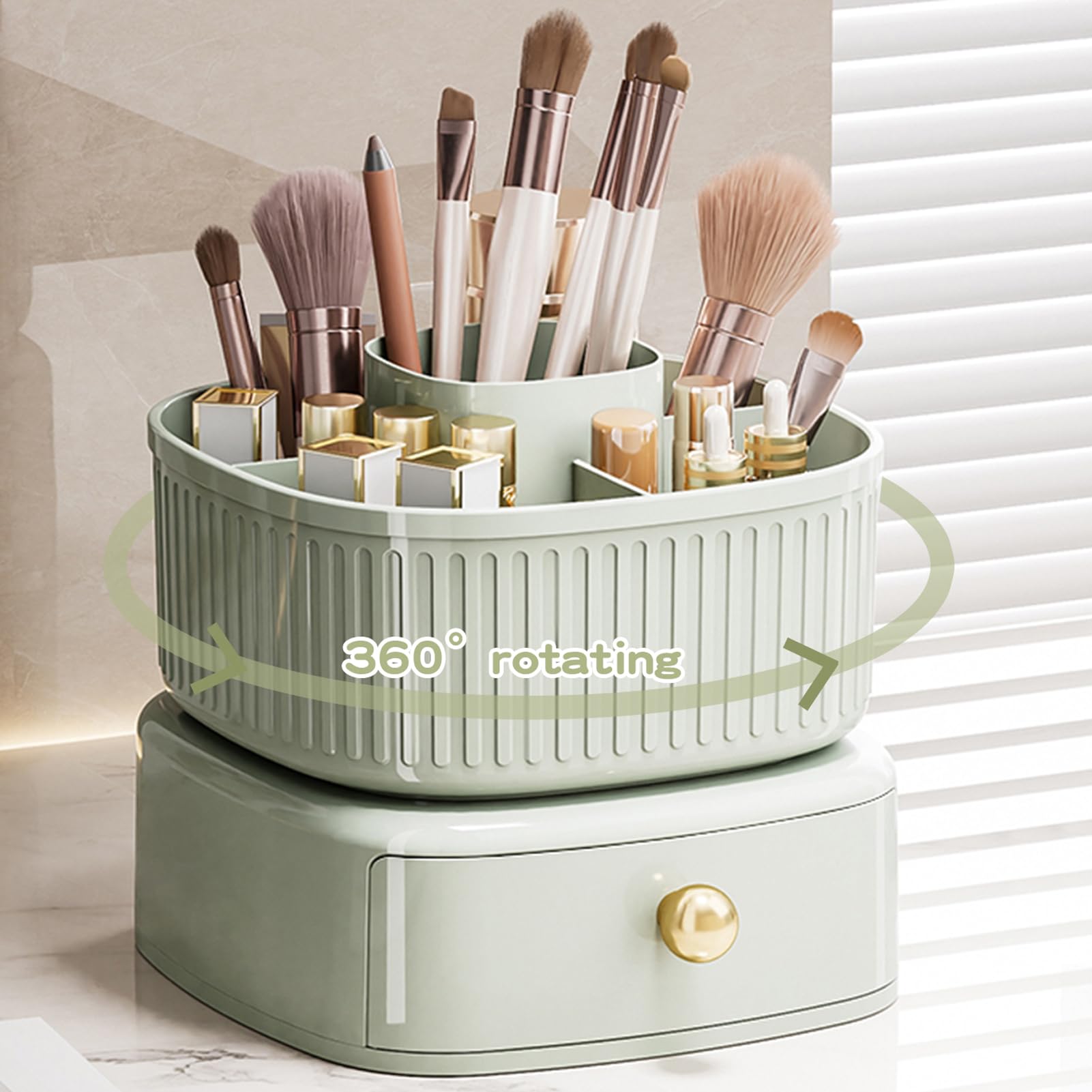 360° Rotating Makeup Brush Holder with Drawer - Cosmetic Organizer for Vanity, Bathroom & Desktop - Skincare Storage Solution (Green) | Perfect for Makeup Lovers, Beauty Salon & Home Organization