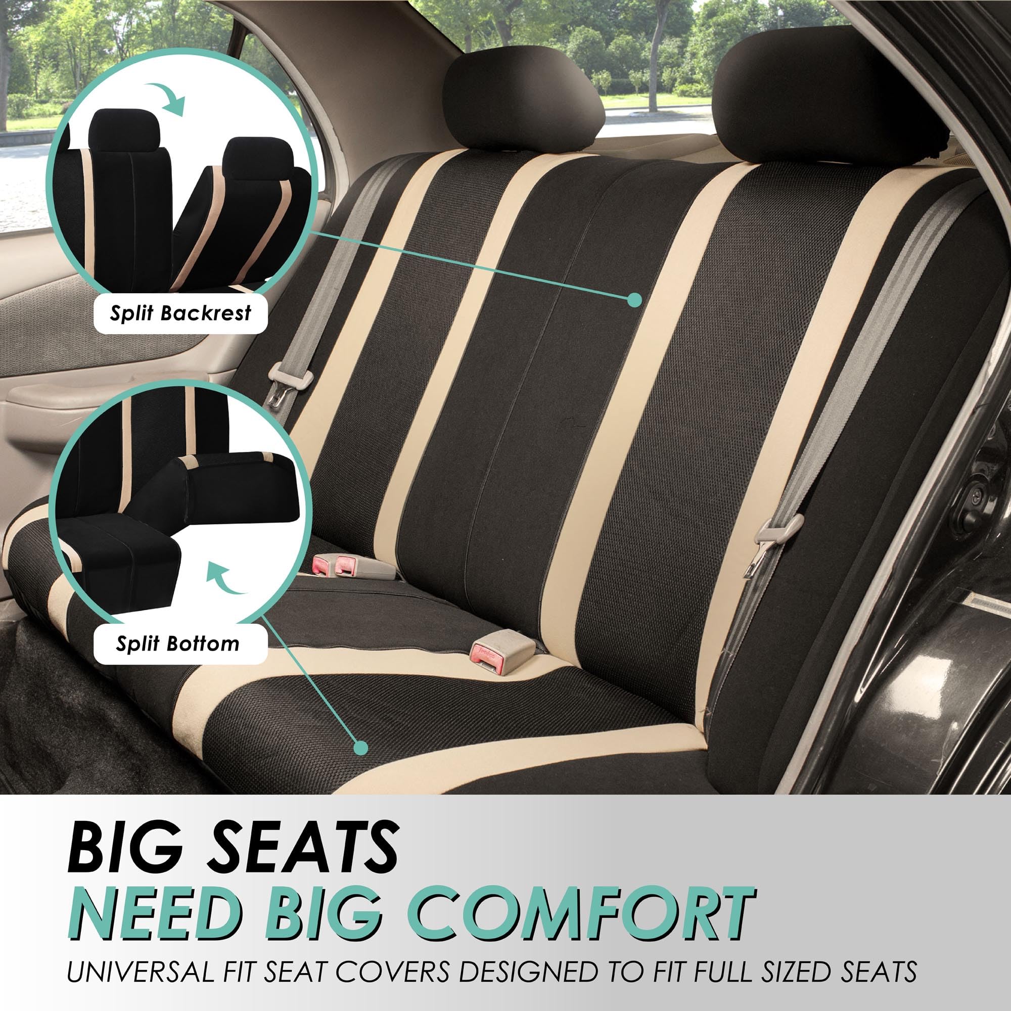 TLH Universal Car Seat Covers Full Set - Beige Sports Style Airbag Compatible Split Rear Seat Protector for Cars, Trucks & SUVs | Durable Interior Accessories for Daily Commute, Road Trips & Family Protection