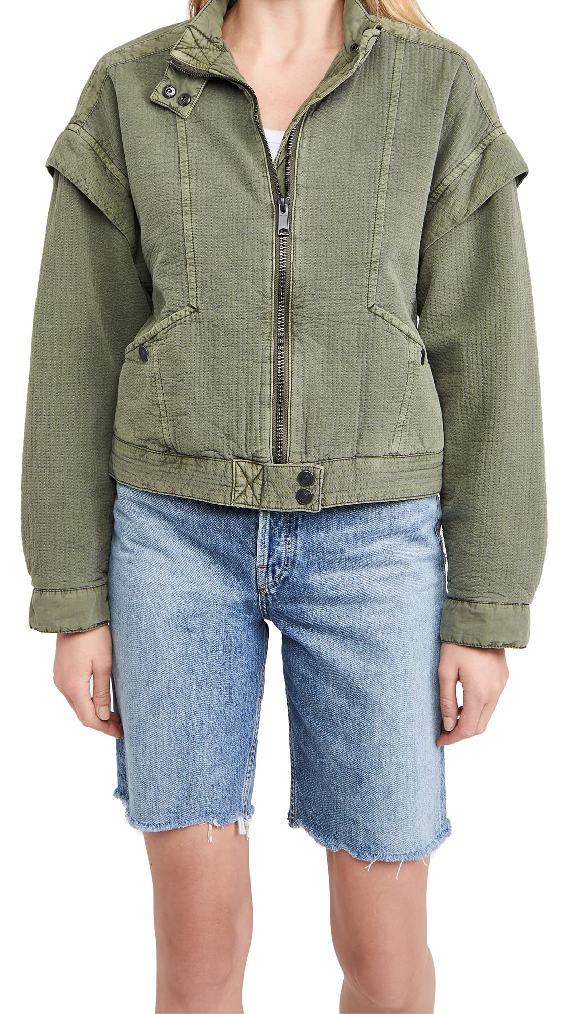 Free People Florence Bomber Jacket - Women's Lightweight Vintage Denim Jacket with Distressed Details | Perfect for Casual Outfits, Fall Layering & Streetwear Fashion