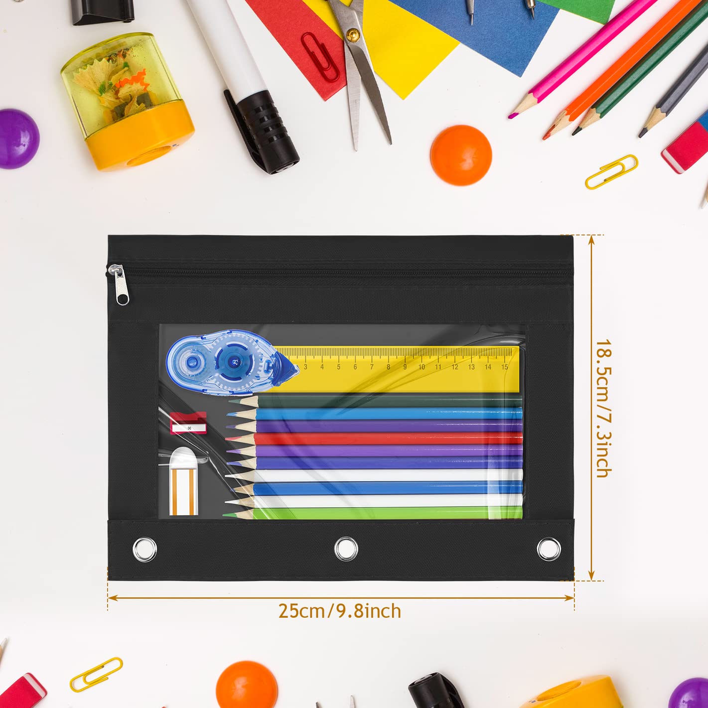 YoeeJob 3 Pack Zippered Pencil Pouch for 3 Ring Binder - Black School & Office Supplies with Clear Window - Perfect for Organizing Pens, Pencils & Stationery in Classroom, Work or Home Office