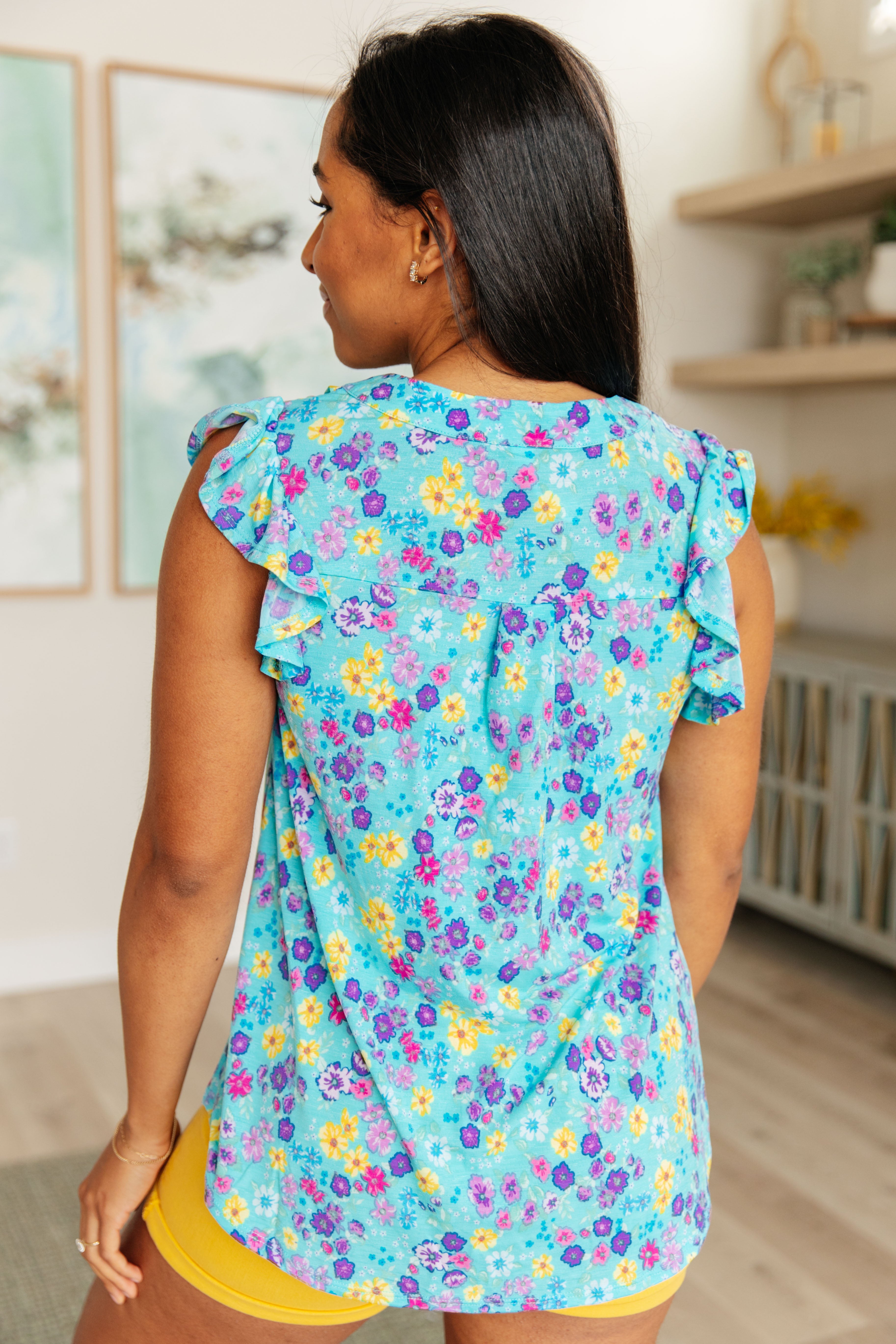 Lizzy Flutter Sleeve Teal & Purple Floral Blouse for Women | Boho Chic Summer Top for Beach, Date Night & Casual Outfits