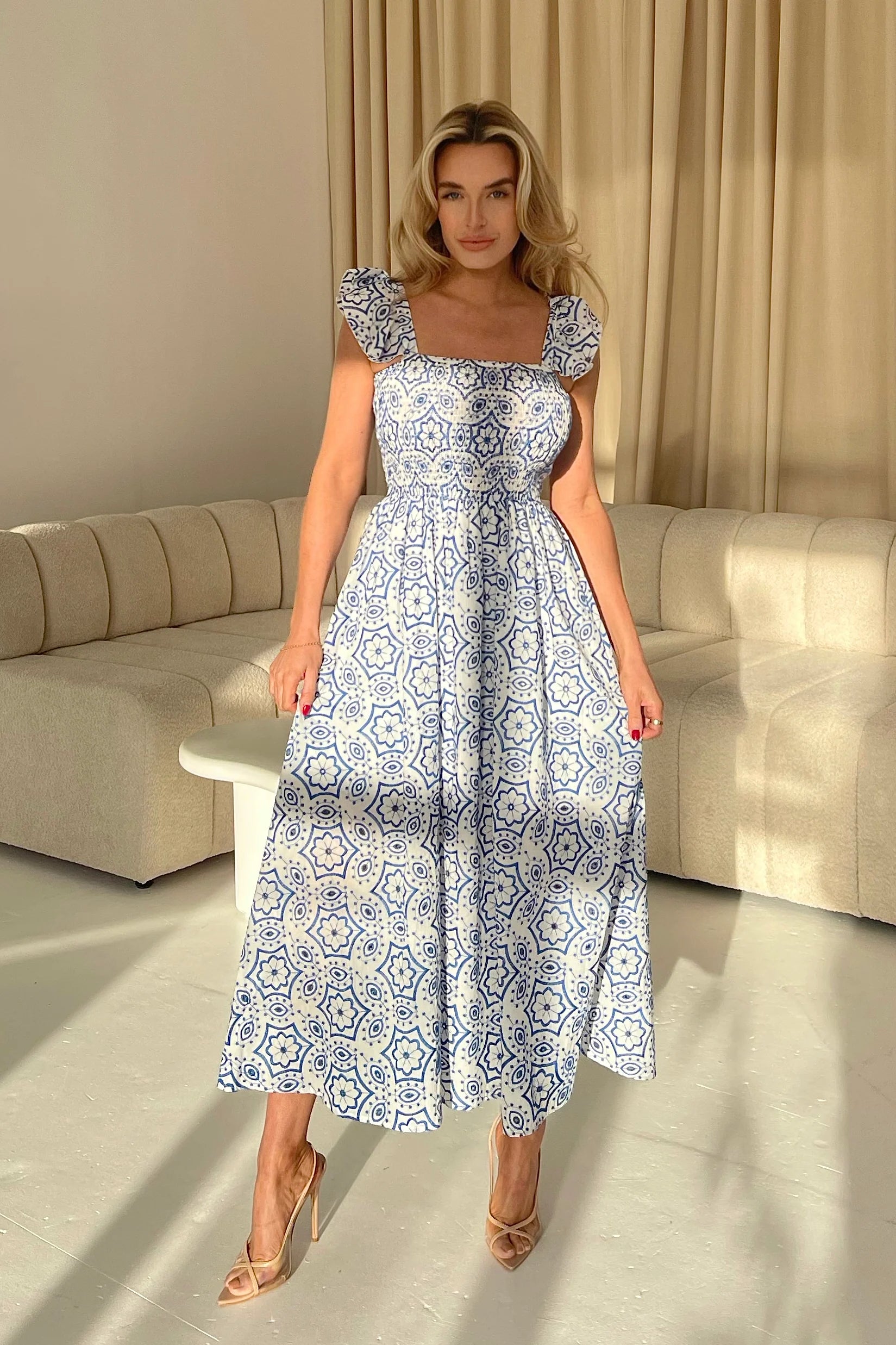 Lara Broderie Anglaise Maxi Dress for Women - Floral Embroidery Summer Beach Dress (Blue) | Perfect for Vacation, Wedding Guest & Boho Outfits