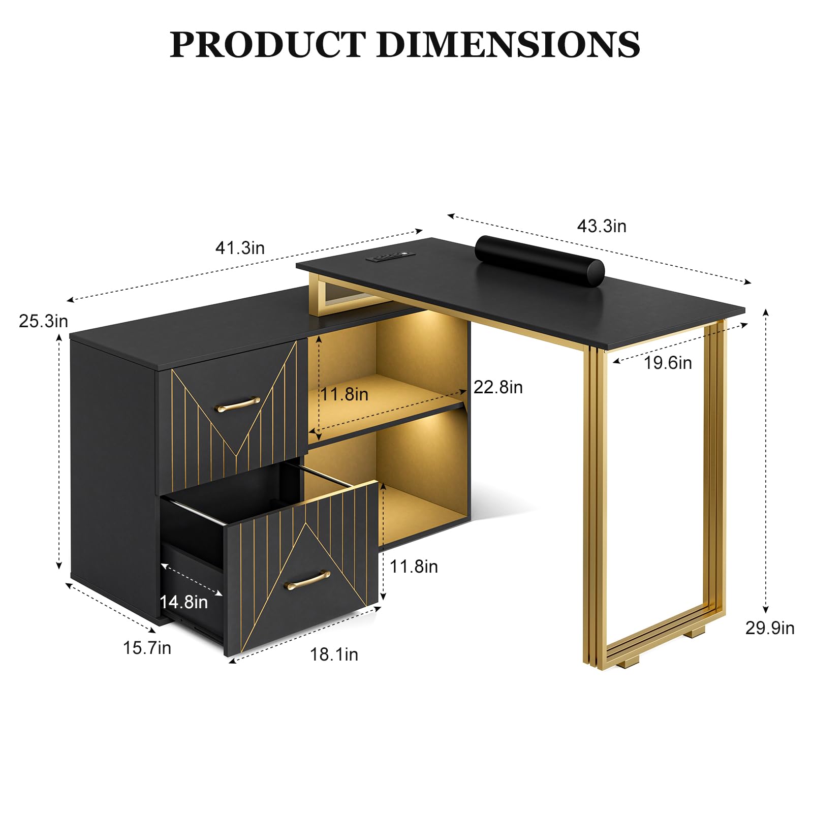 16 Colors LED Manicure Table with 2 Drawers & Shelves - L-Shaped Nail Tech Station for Beauty Salon - Includes Wrist Rest & Metal Handles (Black) - Perfect for Professional Nail Artists & Home Nail Care