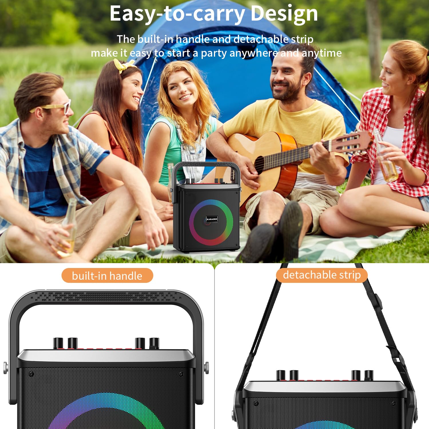 Portable Bluetooth Karaoke Machine with 2 Wireless Microphones - Party Speaker for Home, Outdoor, Camping & Garage (Perfect for Parties, Gatherings & Entertainment)
