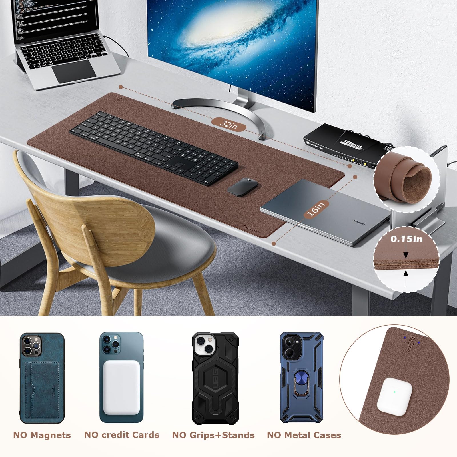 Firelison 2-in-1 Wireless Charging Mouse Pad - Leather Desk Mat with Non-Slip Rubber Base, Waterproof Office Desk Pad for Computer, Work & Home Decor (32