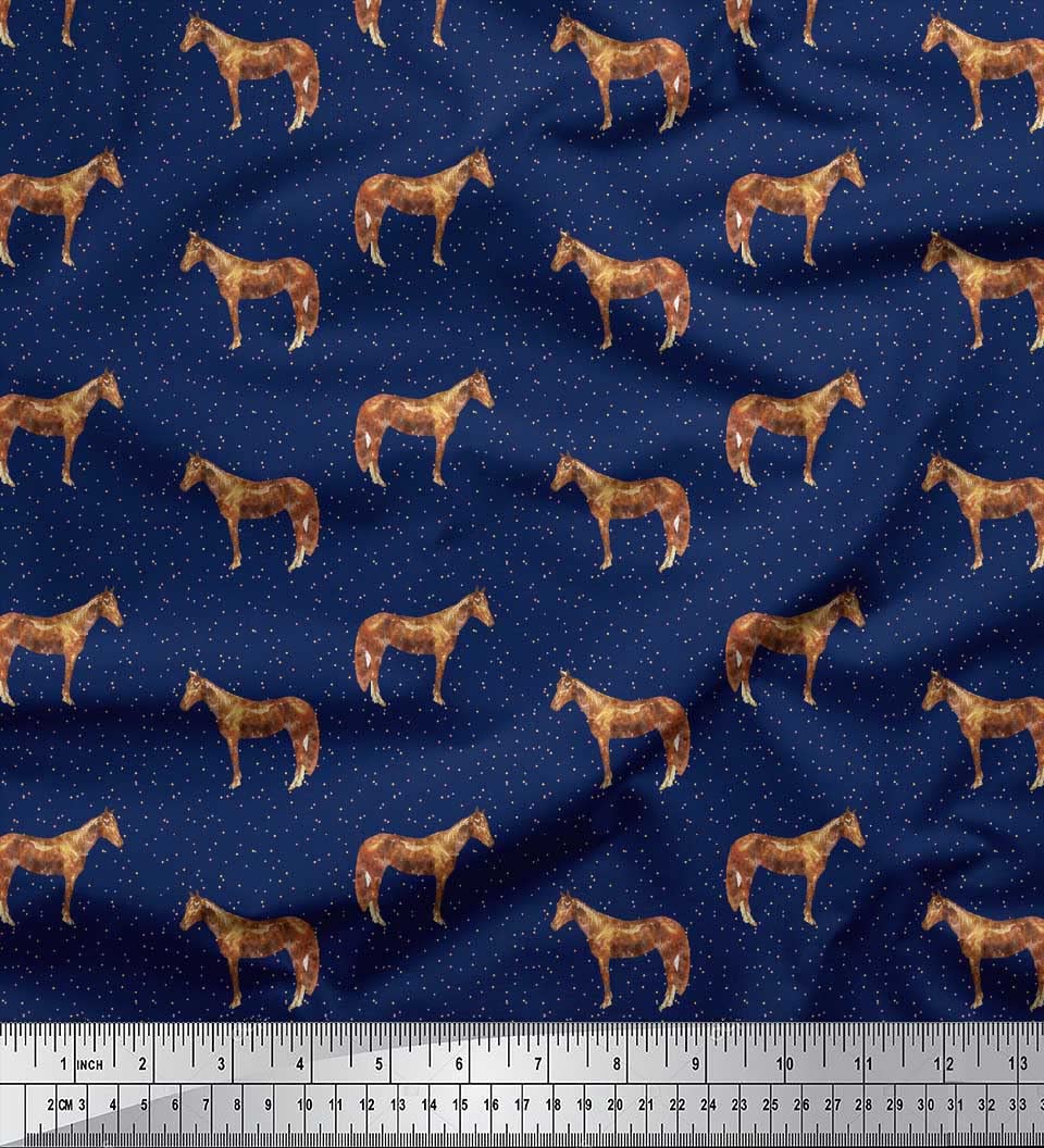 Soimoi Blue Polyester Crepe Fabric by The Yard - 42 Inch Wide Horse & Dot Animal Print - Modern Nature-Inspired Textile for Dresses, Curtains & DIY Crafts