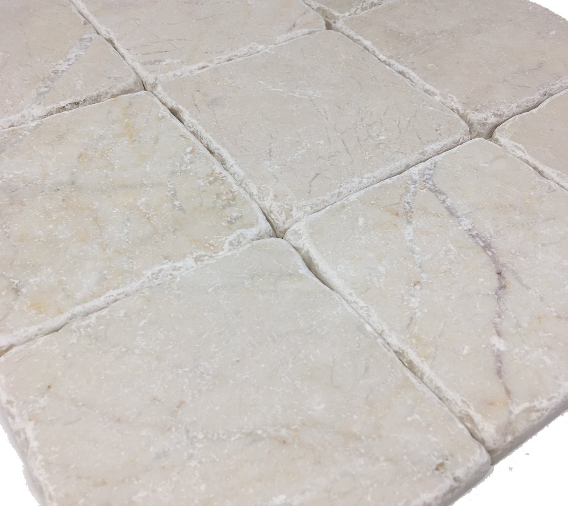 Beige (Light Cream) Marble 4” x 4” Tumbled Tile - Box of 5 Sq. Ft. - Natural Stone Wall & Floor Tile for Bathroom, Kitchen Backsplash, and Shower Surround