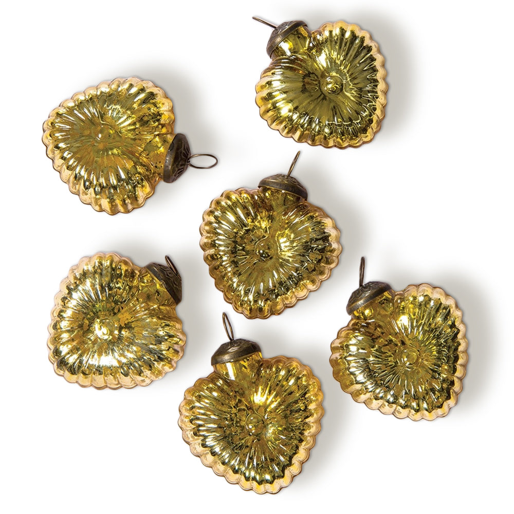 6 Pack Vintage Mercury Heart Glass Ornaments - 3 Inch Gold Viola Heart Design | Christmas Tree Decorations, Holiday Party Favors, Home Décor & Special Occasion Gifts for Weddings, Anniversaries & Valentine's Day