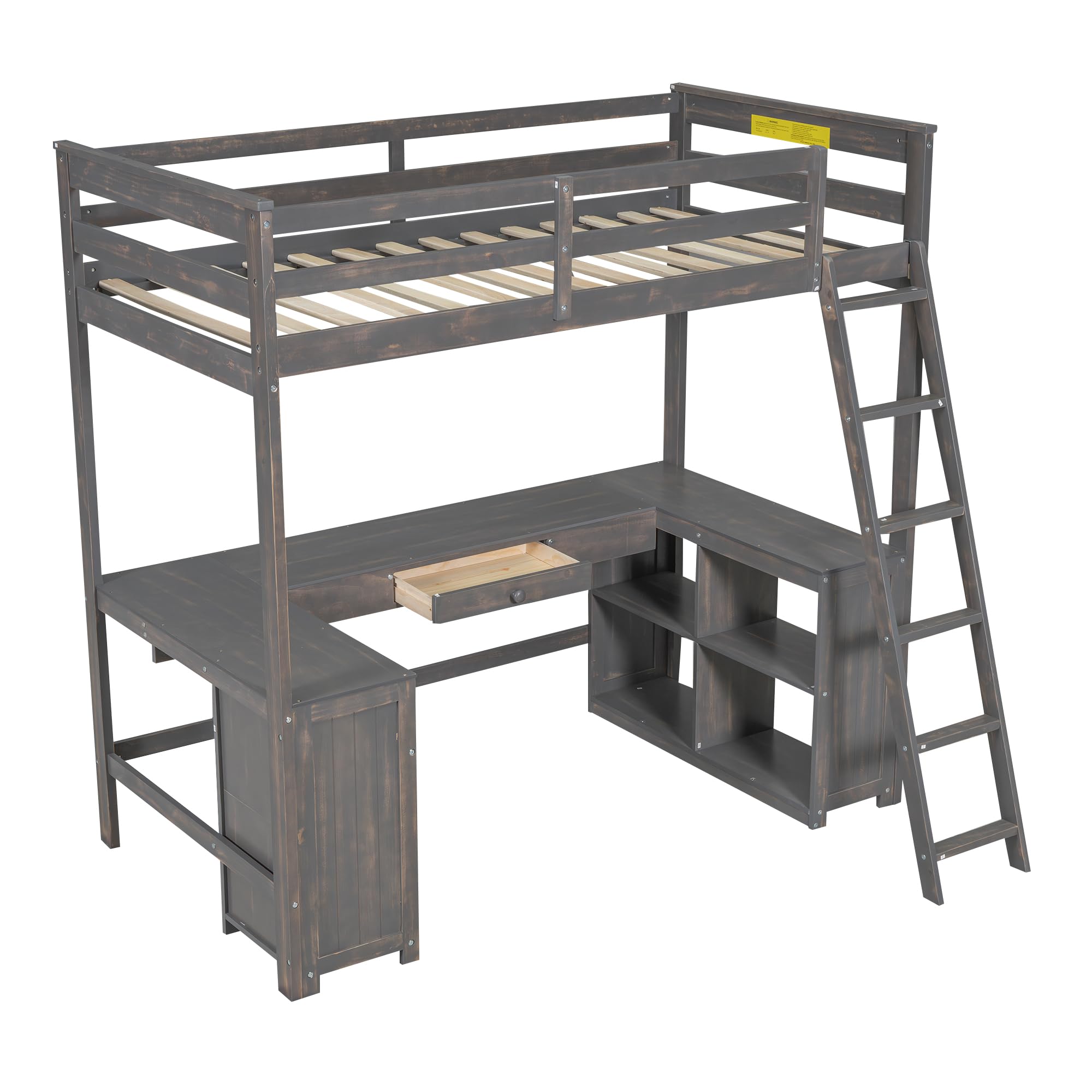 Harper & Bright Designs Twin Size Loft Bed with U-Shaped Desk & Storage - Wooden High Loft Bed Frame with Cabinet, Drawers & Shelves in Antique Brown - Perfect for Small Bedrooms, Kids Rooms & Dorm Rooms