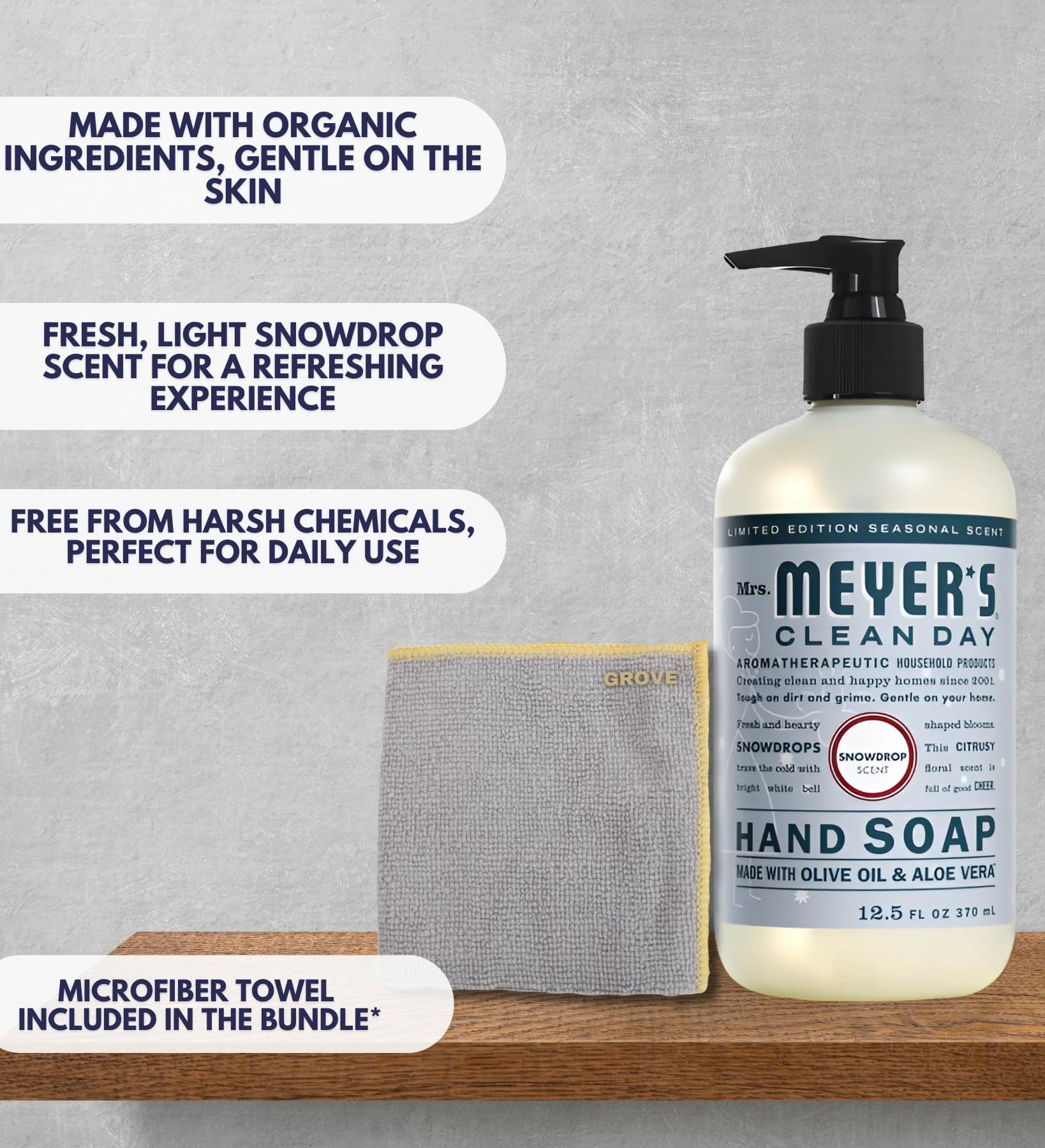 Organic Snowdrop Scent Liquid Hand Soap 12.5 oz with Aloe Vera & Essential Oils - Gentle Moisturizing Hand Wash - Bundle with Microfiber Cloth (2-Pack) - Perfect for Bathroom, Kitchen & Office Use