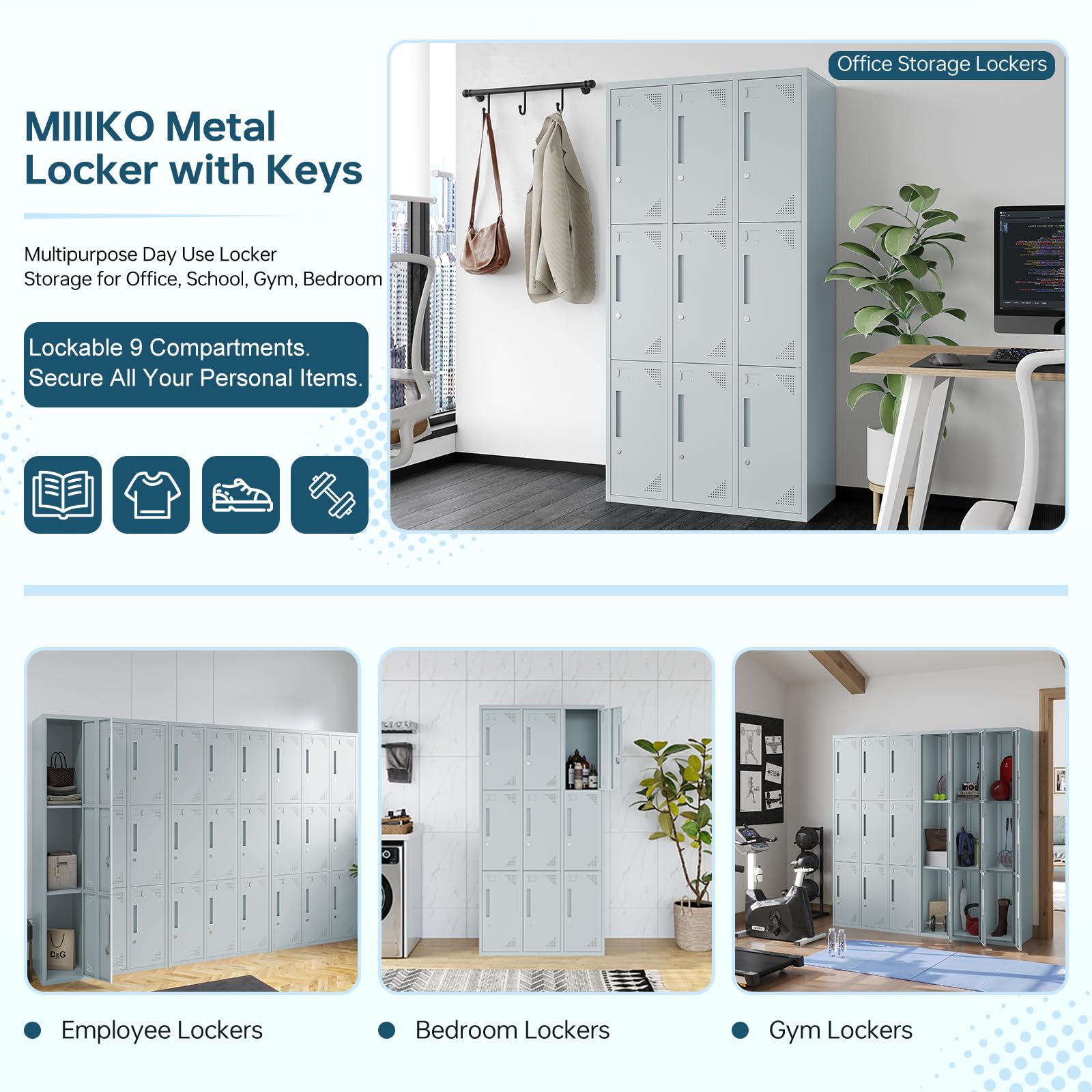 MIIIKO 3-Tier Metal Storage Locker with 9 Doors & Keys - 71