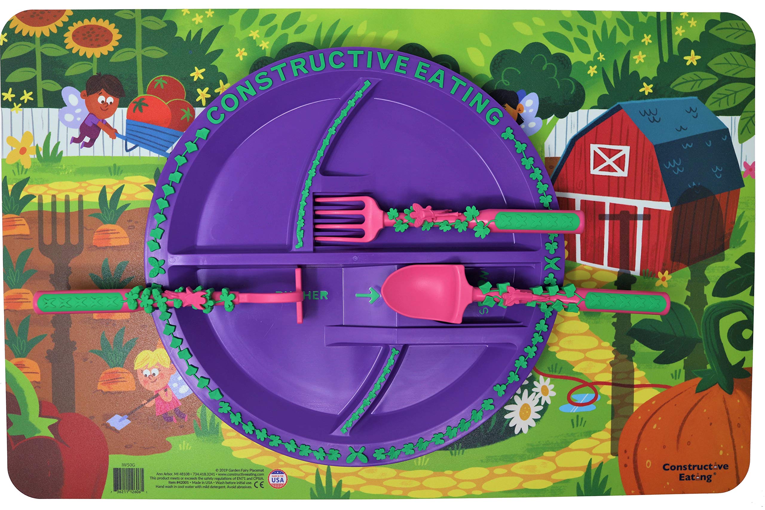 Constructive Eating USA-Made Kids Utensil Set - 3-Piece Construction, Dinosaur & Garden Themed Utensils with Plates & Placemats for Toddlers & Children | BPA-Free Safe Materials | Perfect for Mealtime Fun & Learning
