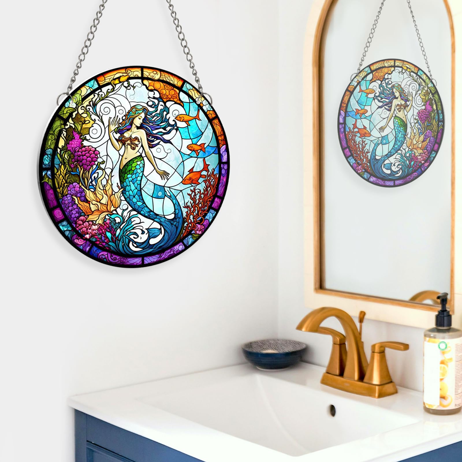 MATIHAY Mermaid Stained Glass Acrylic Window Hanging - Ocean Themed Wall Art Decor for Home, Bedroom, Living Room - Perfect Housewarming Gift for Beach Lovers (Use in Windows, Sunrooms, or as Unique Coastal Home Decor)