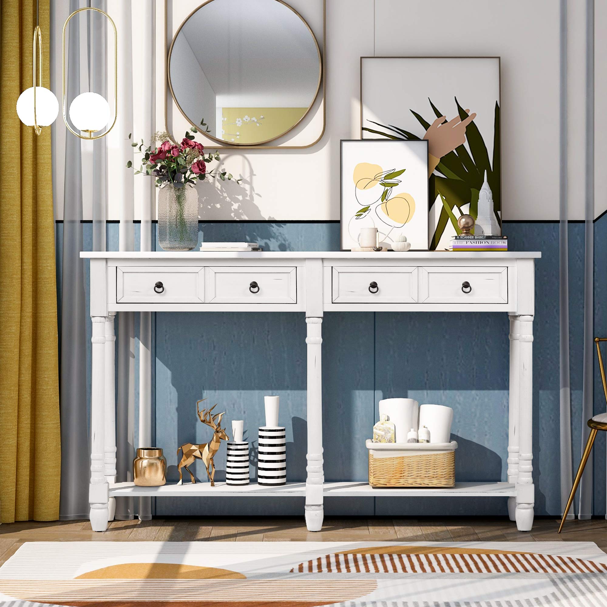 Vintage Narrow Console Table with 2 Storage Drawers & Shelf - Retro Sofa Table for Living Room, Bedroom, Entryway & Hallway - Antique White Finish - Perfect for Small Spaces & Home Decor