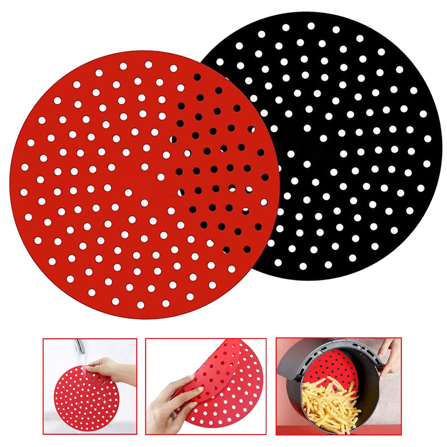 Goneby Reusable Silicone Air Fryer Liners 2 Pack with Magnetic Cheat Sheet - Non-Stick, Easy Clean Accessories for Air Fryers (8 Inch) - Perfect for Healthy Cooking, Meal Prep & Quick Cleanup