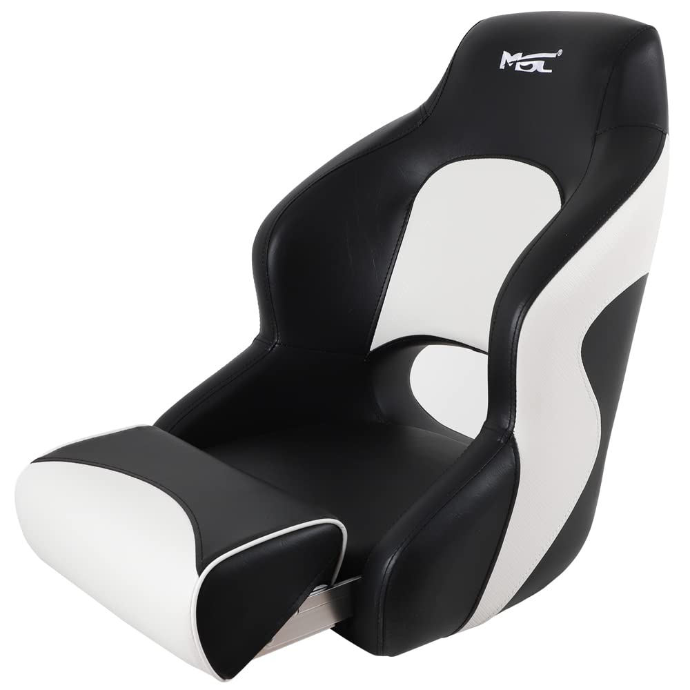 Premium MSC Captain Boat Seat - Heavy Duty Marine Grade Vinyl (Black/White) - Comfortable Fishing Boat Chair for Pontoon, Deck & Offshore Boating