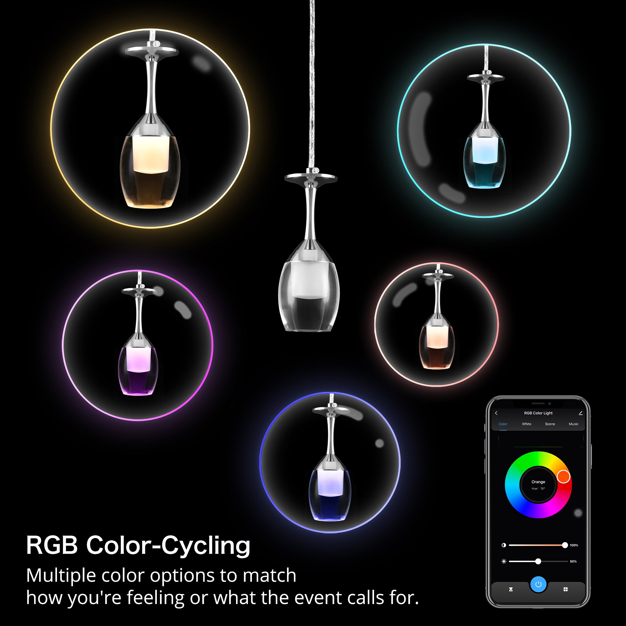 Bacchus Clear Acrylic Red Wine Glass Shaped Smart RGB Pendant Light - Modern LED Hanging Lamp for Dining Room, Bar, and Home Decor