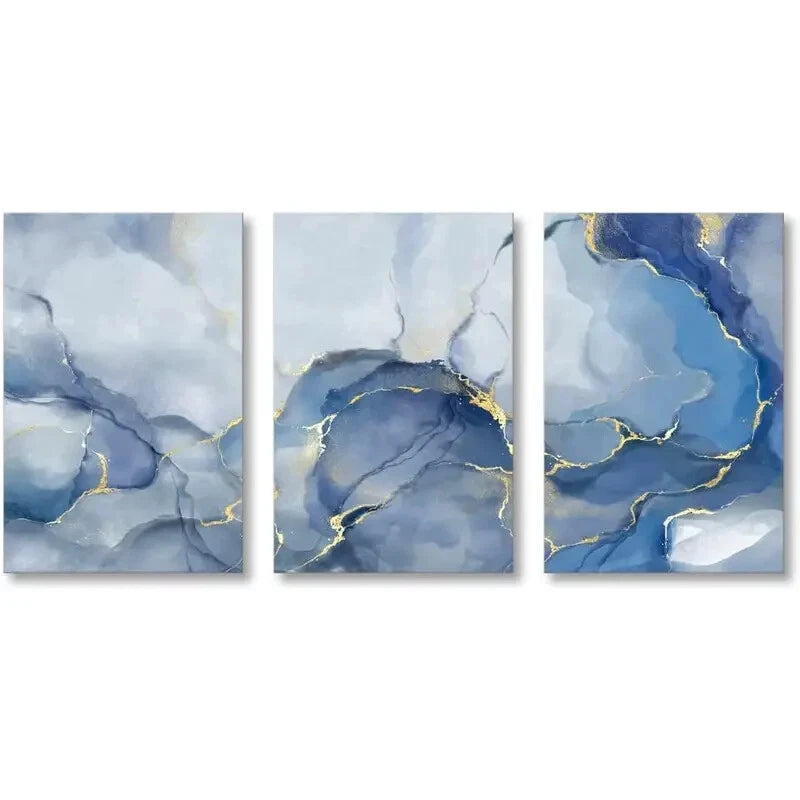 3-Piece Blue and Gold Abstract Metal Wall Art Prints - Ready to Hang Modern Home Decor for Living Room, Bedroom & Office