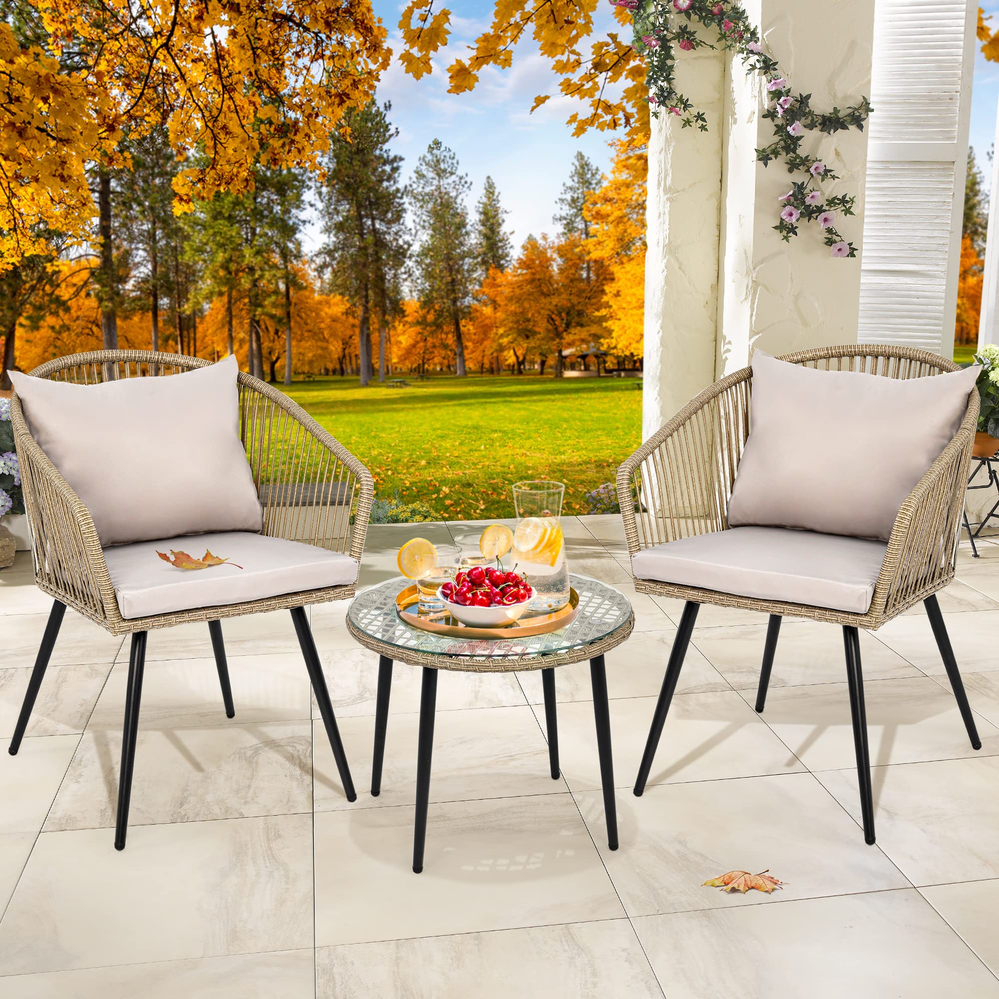 YITAHOME 3-Piece Wicker Patio Furniture Set - Outdoor Rattan Chairs with Cushions & Glass Side Table - Gray Balcony Conversation Set for Backyard, Apartment, Garden (Perfect for Relaxing & Entertaining Outdoors)