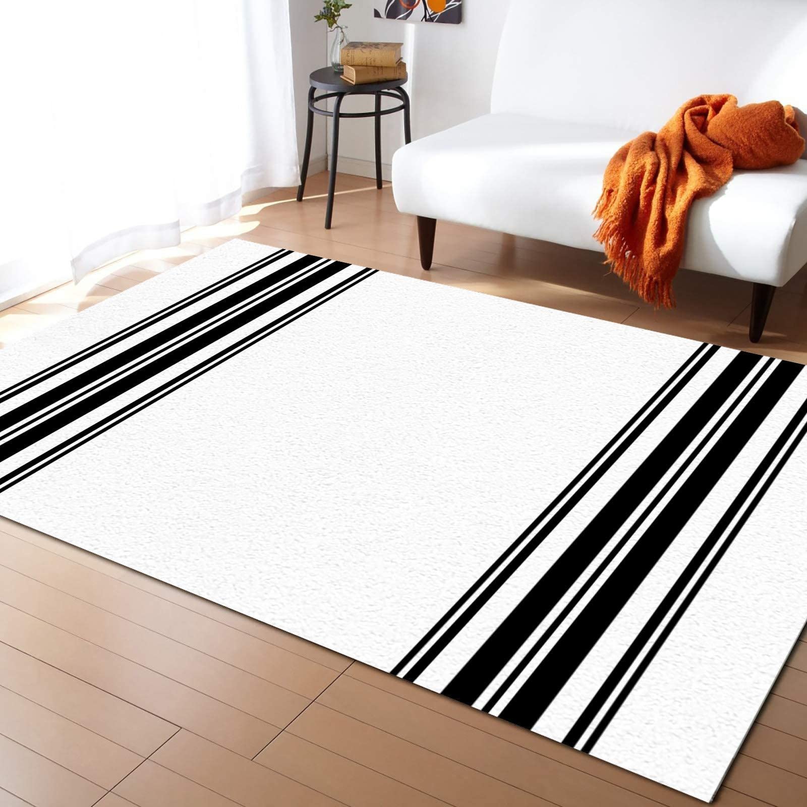 Modern Black & White Striped Area Rug - Abstract Geometric Soft Washable Carpet for Nursery, Kids Room, Living Room & Bedroom Decor - 5'3