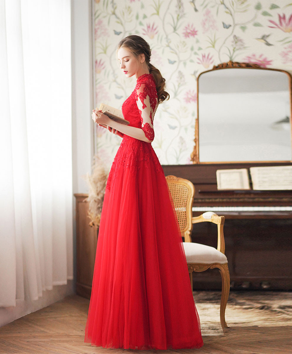 Elegant Red High Neck Tulle Lace Long Prom Dress - Formal Evening Gown for Homecoming, Ball, Wedding & Special Occasions