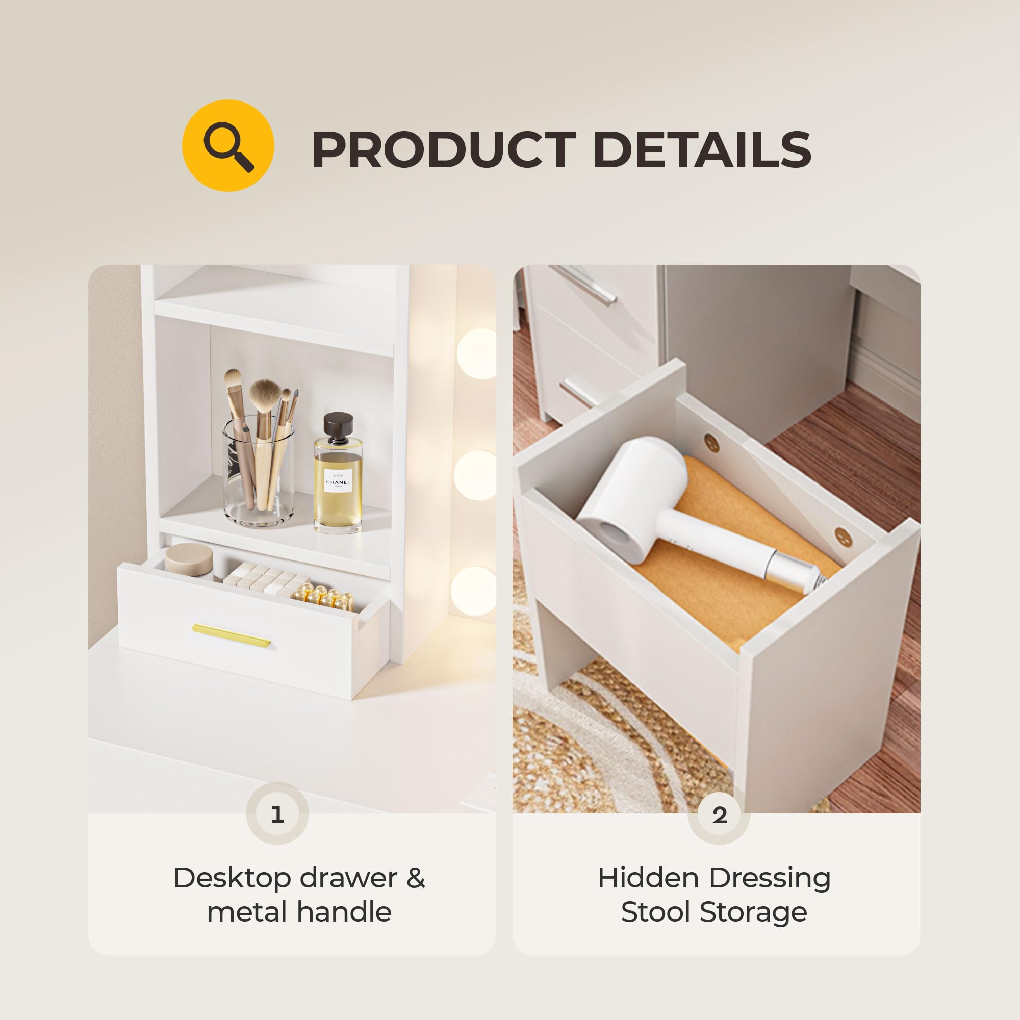 Vanity Desk with LED Lighted Mirror & Power Outlet - 3 Color Lighting Makeup Vanity Table with 5 Drawers & 3 Shelves, Includes Storage Stool - Perfect for Bedroom, Dressing Room & Home Beauty Station (White)