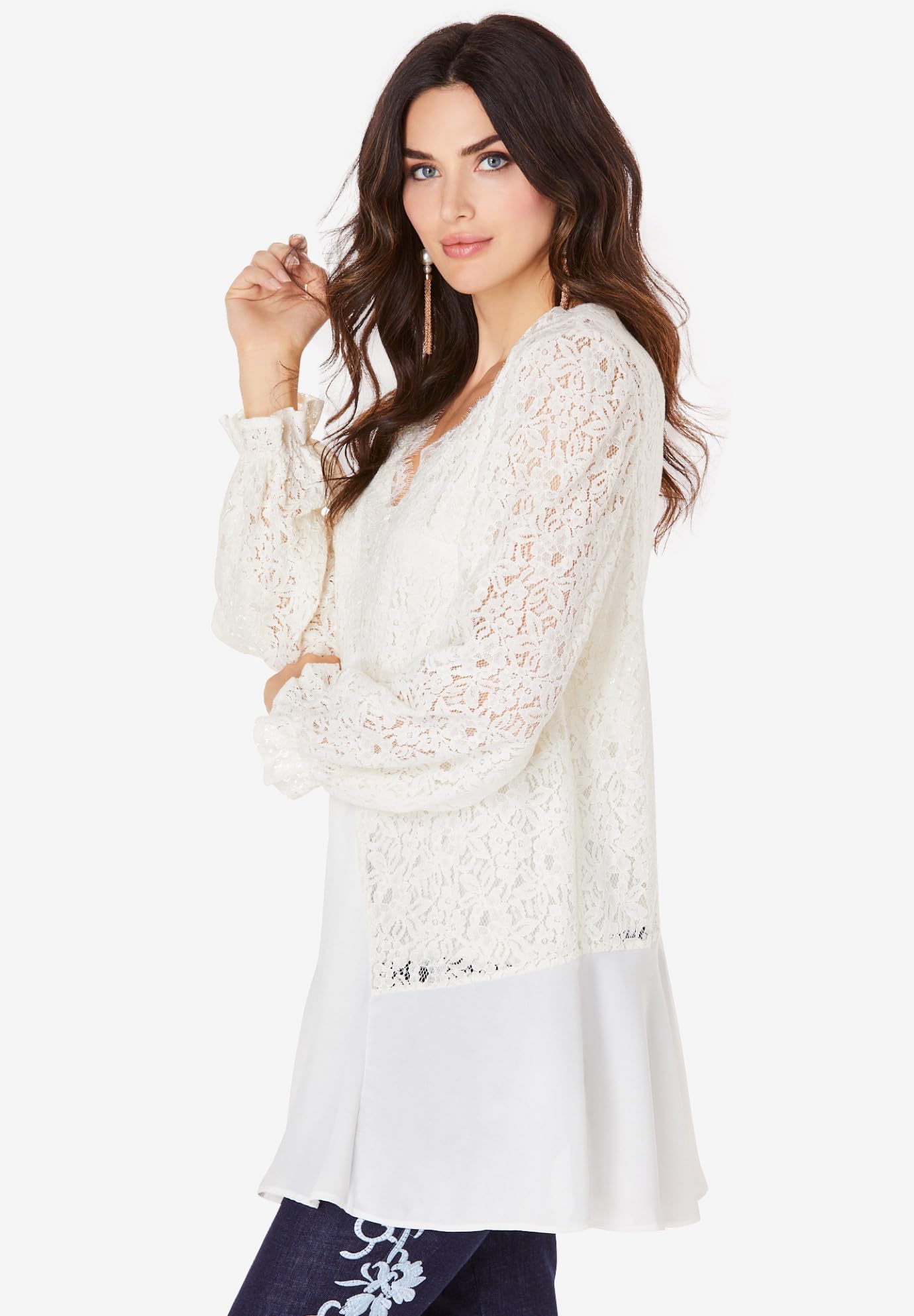 Roaman's Women's Plus Size Lace & Georgette Swing Tunic Top - Flowy Blouse for Casual Wear, Office Outfits & Special Occasions