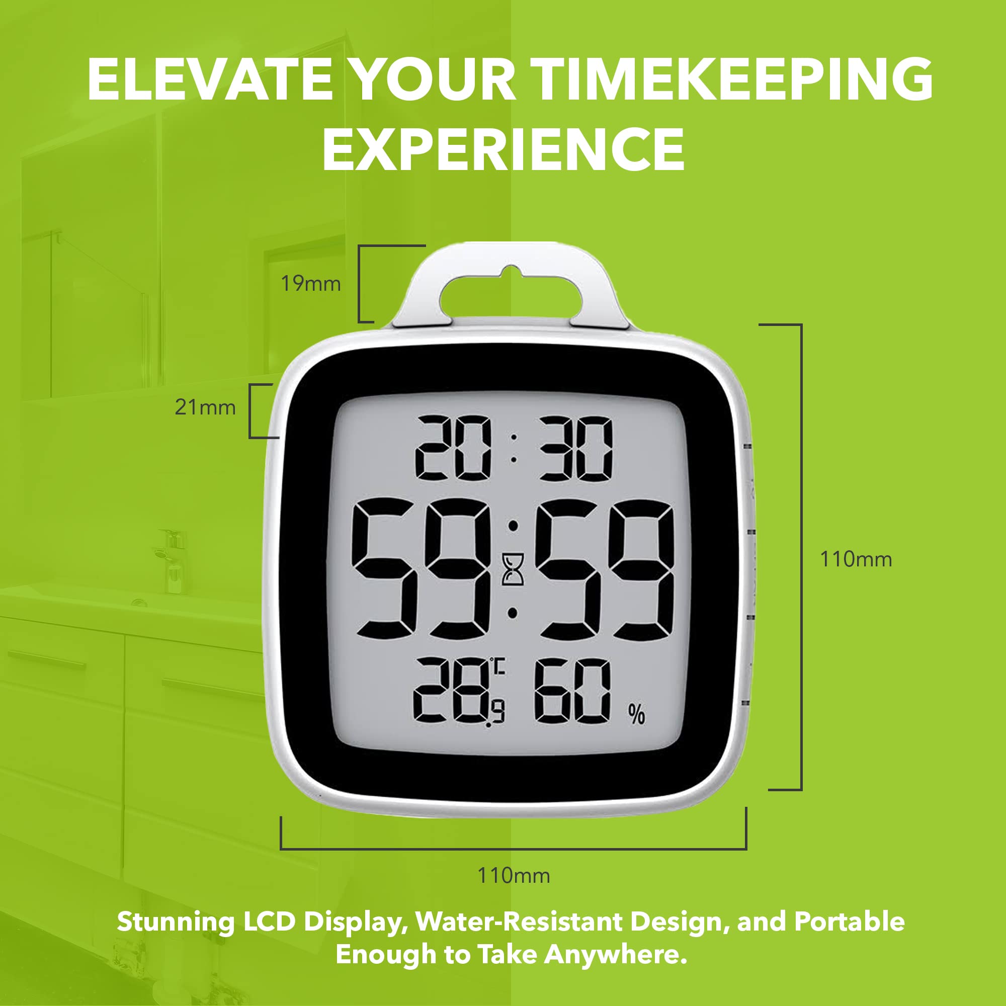 BALDR Digital Bathroom Clock with Timer - Waterproof Shower Clock with Time & Temperature Display - Ideal for Kids and Adults - Perfect for Bathroom, Gym, Pool & Spa (Black)