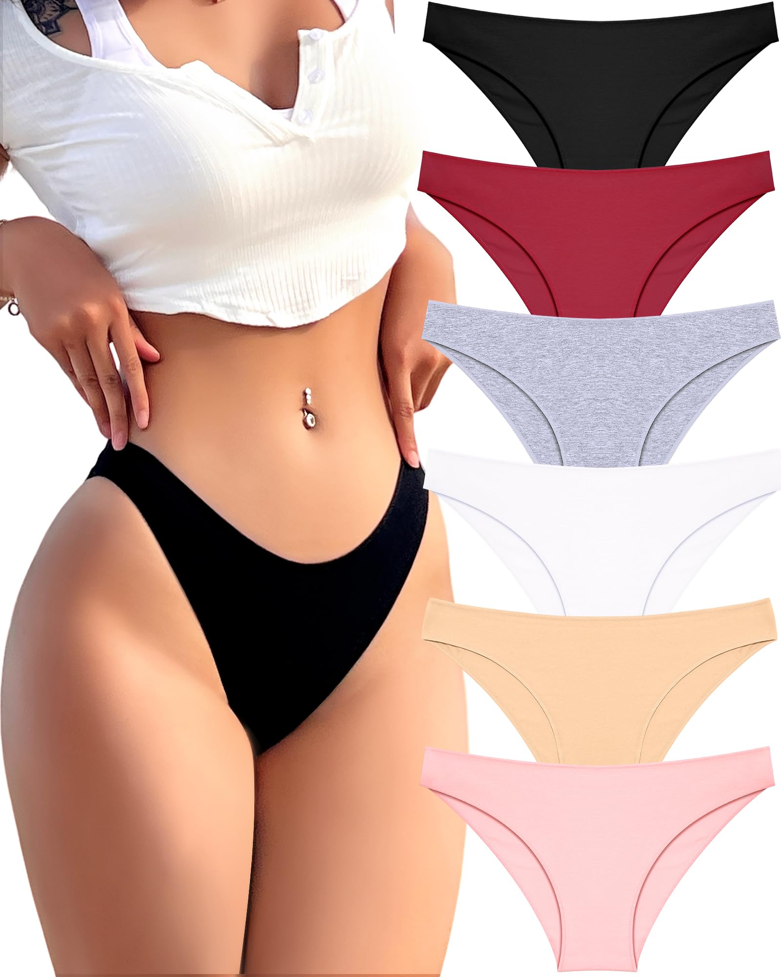 FINETOO 6 Pack Women's Cotton Underwear - Low Rise Bikini Panties, High Cut Cheeky Briefs, Breathable & Comfortable, Sizes S-XL - Perfect for Daily Wear, Yoga, and Lounge