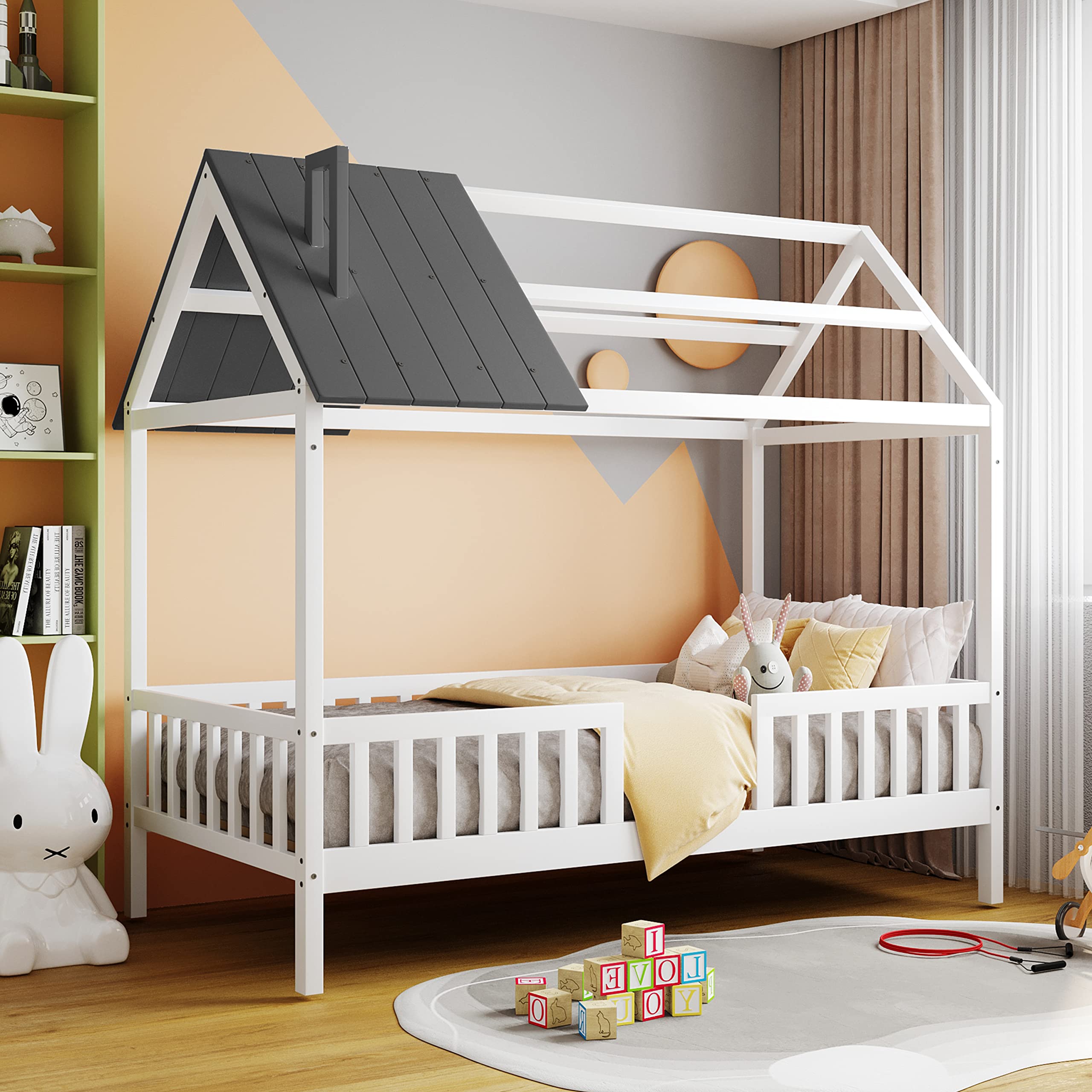 Merax Twin Size Wooden House Bed Frame with Fence & Roof - Space-Saving Kids/Teens Bed, No Box Spring Needed (White & Grey) - Perfect for Small Bedrooms, Playrooms & Cozy Kids' Spaces
