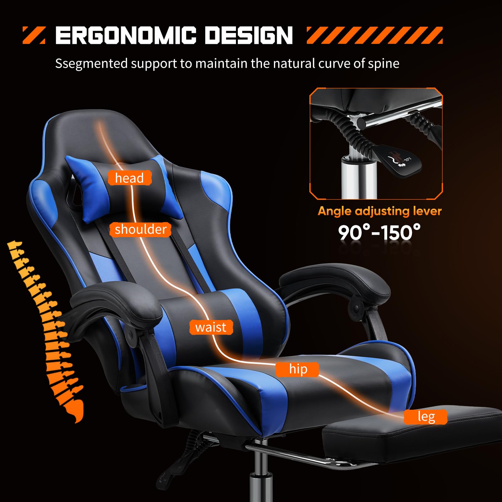 DUMOS Ergonomic Gaming Chair - PU Leather Office Desk Chair with Adjustable Lumbar Support, Headrest & Footrest, 360° Swivel, Fixed Armrests, Height Adjustable - Blue Computer Chair for Adults - Perfect for Gaming, Working & Home Office Use