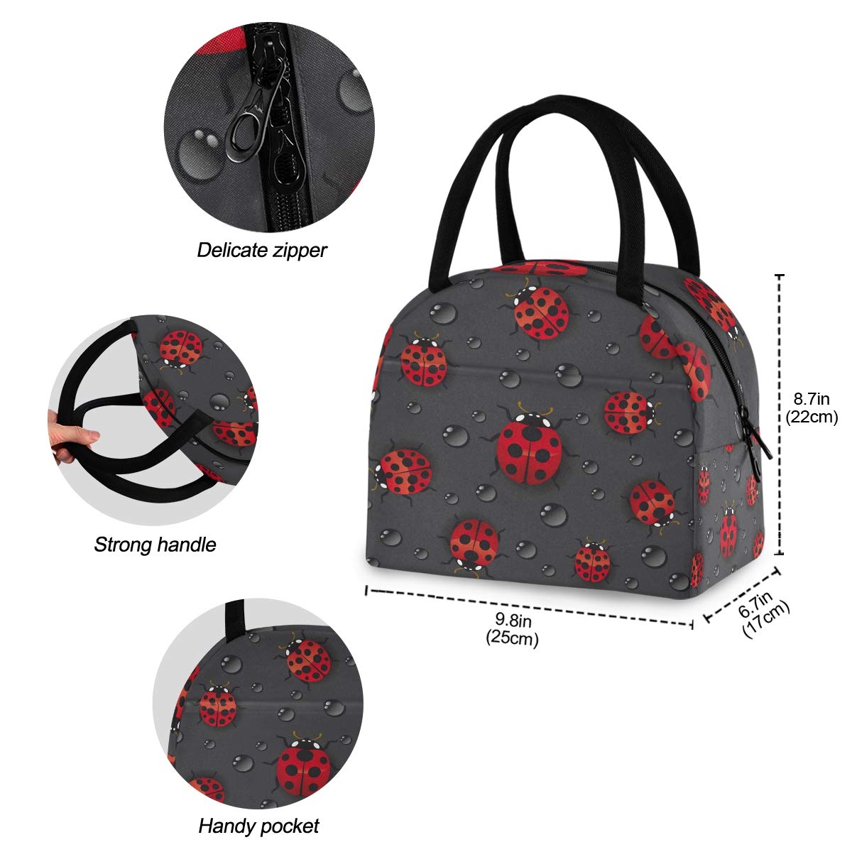 Blueangle Insulated Lunch Bag for Women - Red Ladybugs Design, Thermal Lunch Tote Bag for Work, School & Picnics | Leakproof Cooler Box for Students & Office Professionals