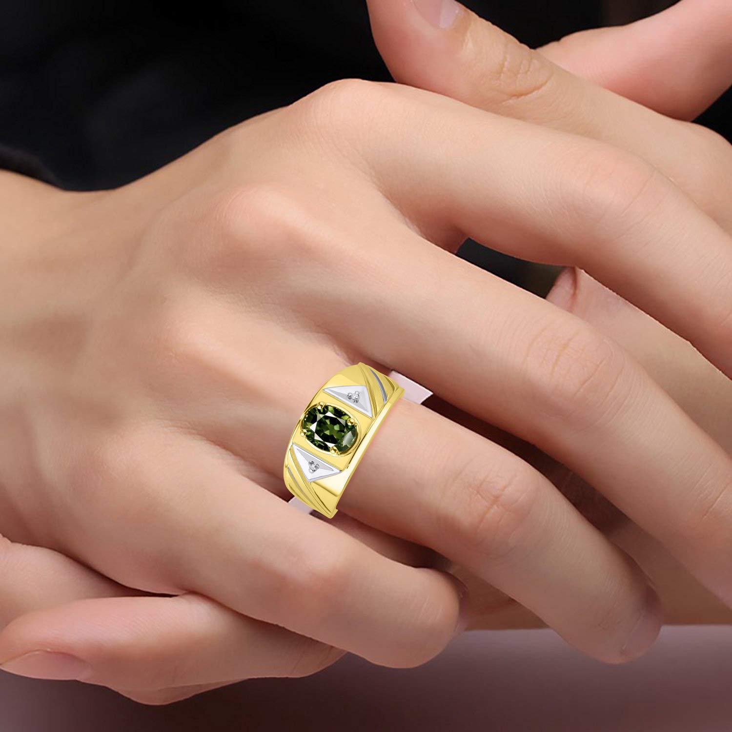 Rylos Men's Gold Plated Silver Ring - 8x6MM Oval Gemstone & Diamond for Birthdays