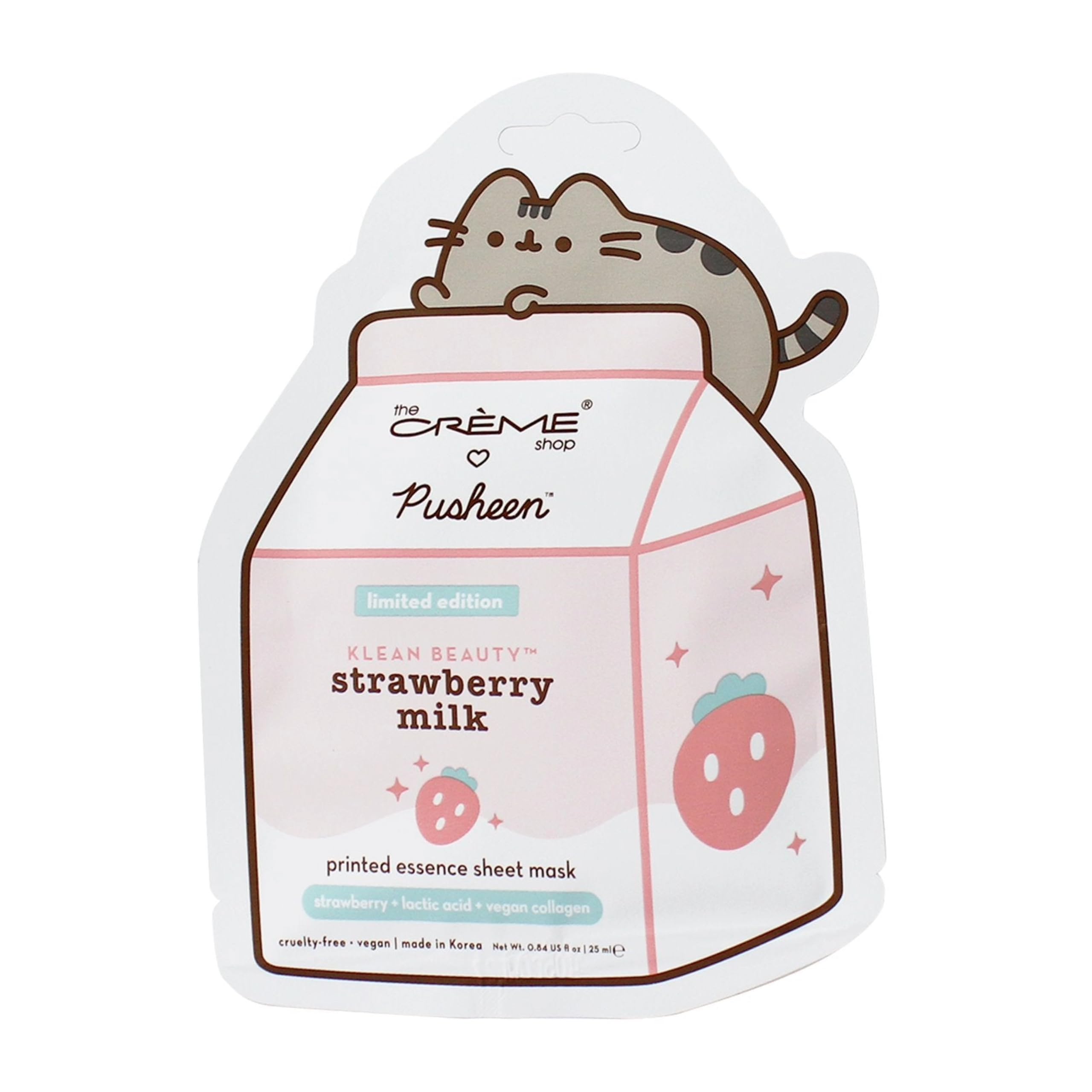 The Crème Shop X PUSHEEN KLEAN BEAUTY Strawberry Milk Printed Essence Sheet Mask - Vitamin C & Vegan Collagen for Brightening & Youthful Skin | Vegan, Cruelty-Free (3 Pack) | Perfect for Spa Night, Self-Care Routine & Gift Giving