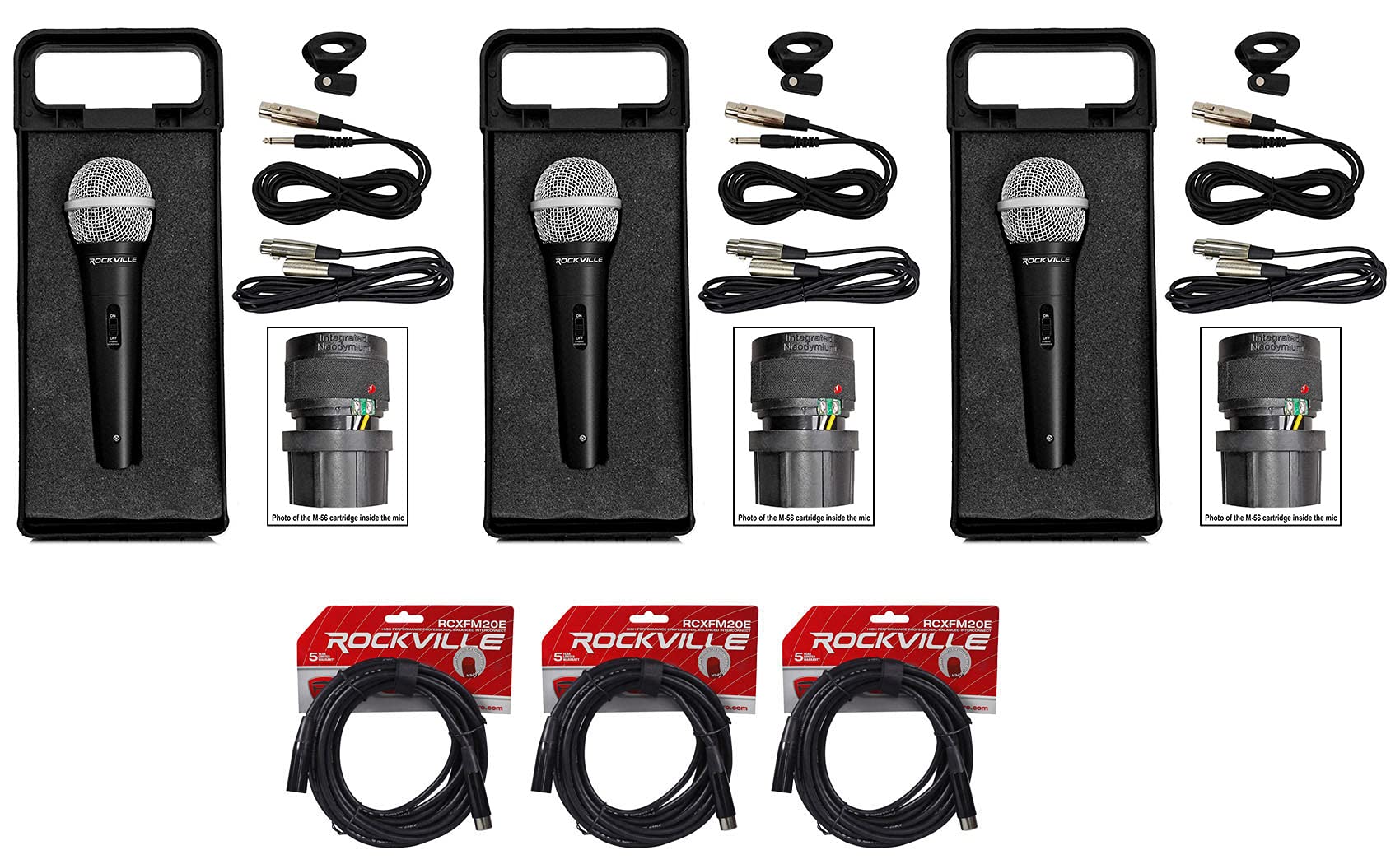 Rockville RMC-XLR Professional Metal Handheld Wired Microphone with XLR Cable - 3 Pack Bundle for Live Performances, Studio Recording & Karaoke