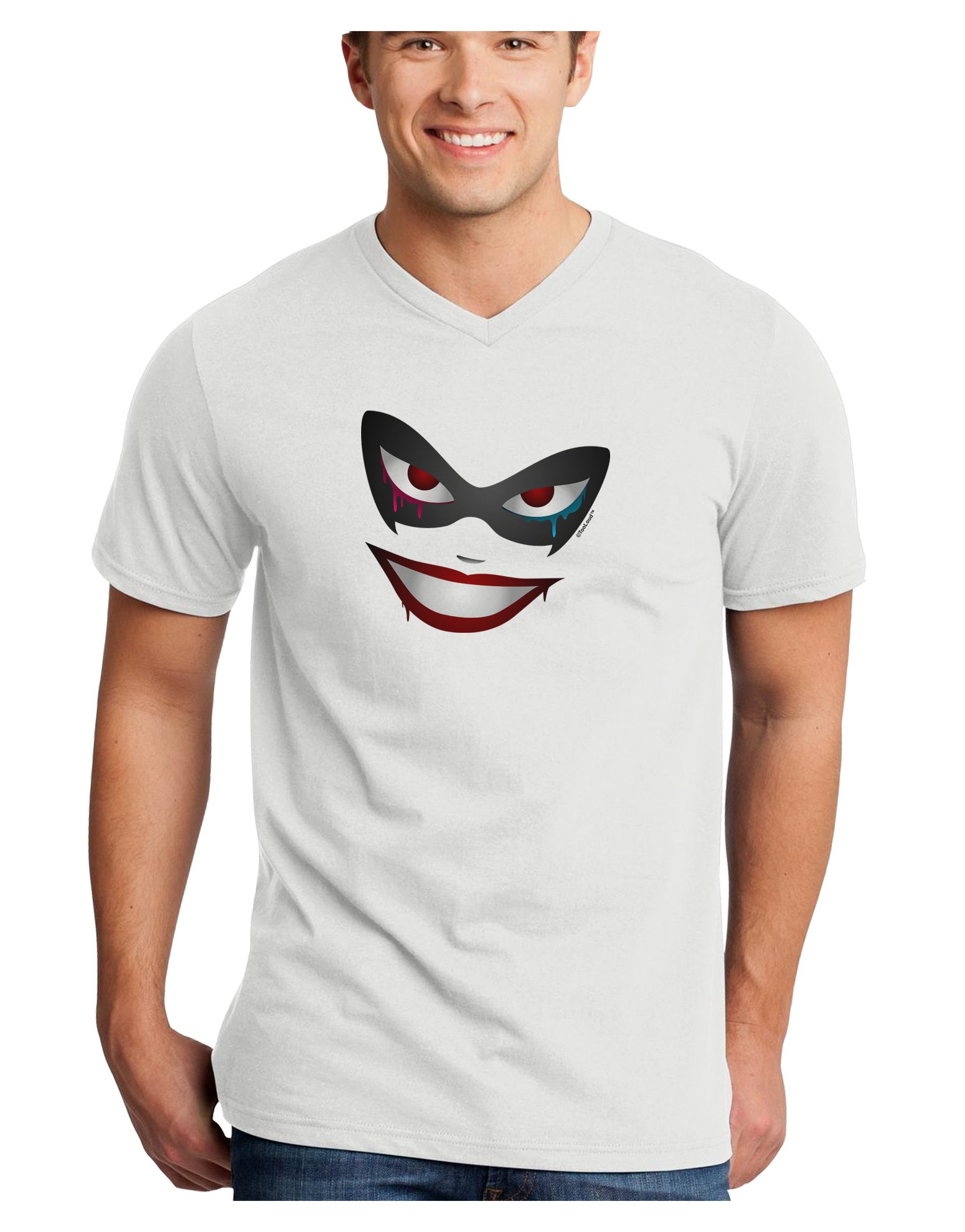 TOOLOUD Lil Monster Mask Adult V-Neck T-Shirt | Funny Graphic Tee for Men & Women | Perfect for Halloween, Cosplay & Comic Con