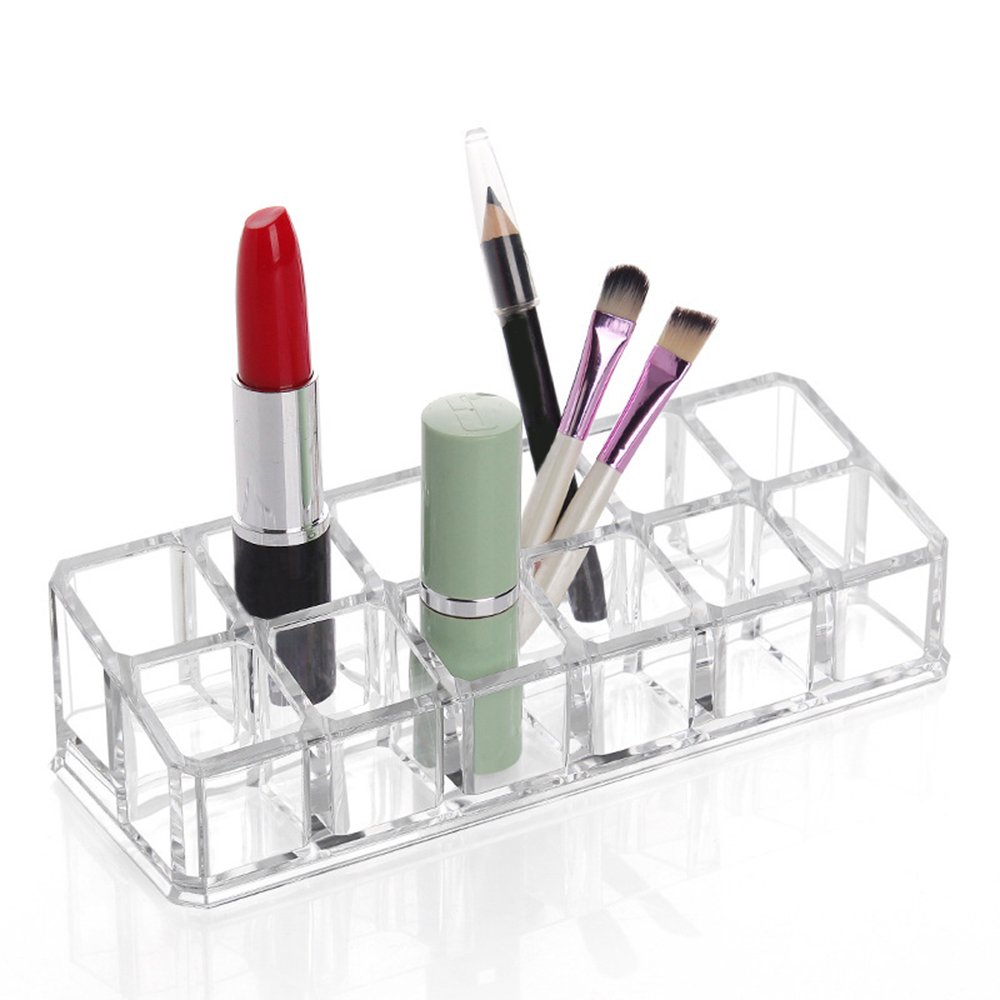 12-Section Clear Acrylic Makeup Organizer - Lipstick & Cosmetic Storage Holder for Vanity, Bathroom Counter, Travel (AR Mall)
