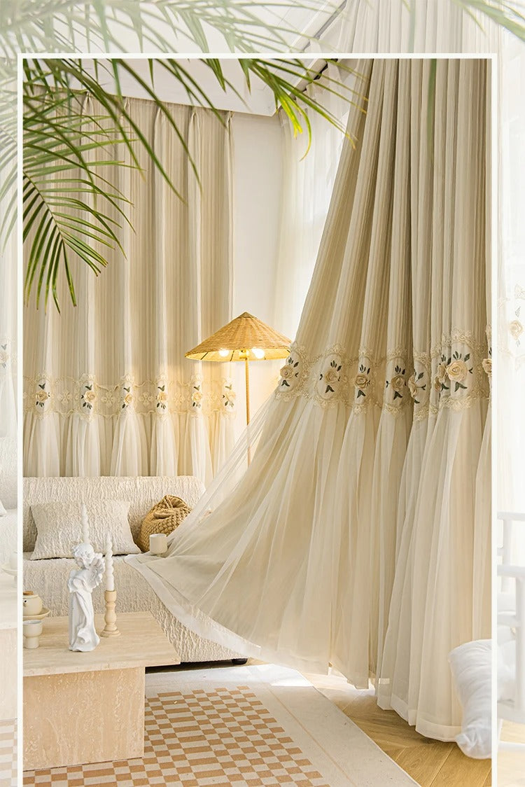 Luxury Sheer Blackout Curtains - Mila Bottom Veil Style in Beige | Elegant Window Treatment for Living Room & Bedroom