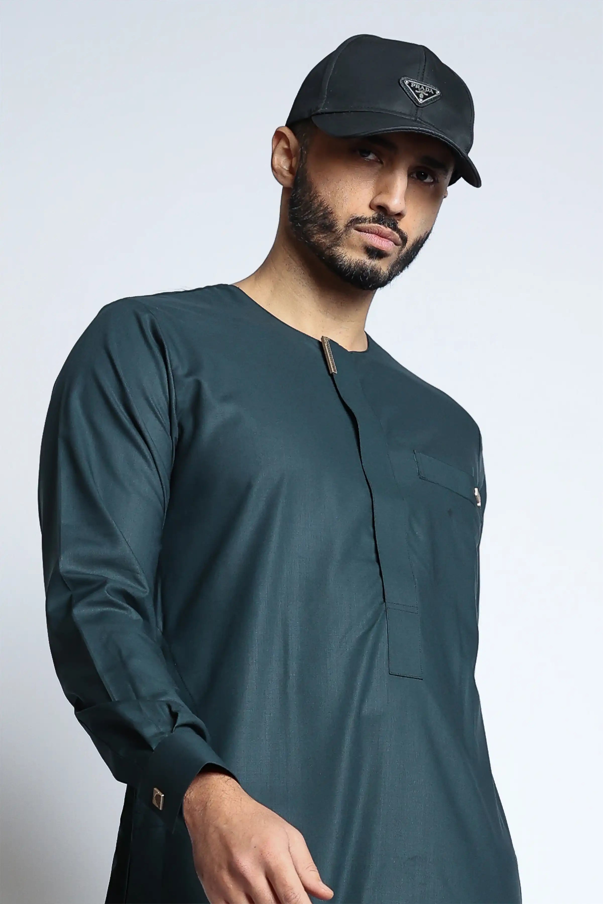 J108 Kids Thobe with Bottle Green Buckle - Traditional Arabic Dress for Boys & Girls - Perfect for Eid, Weddings & Special Occasions