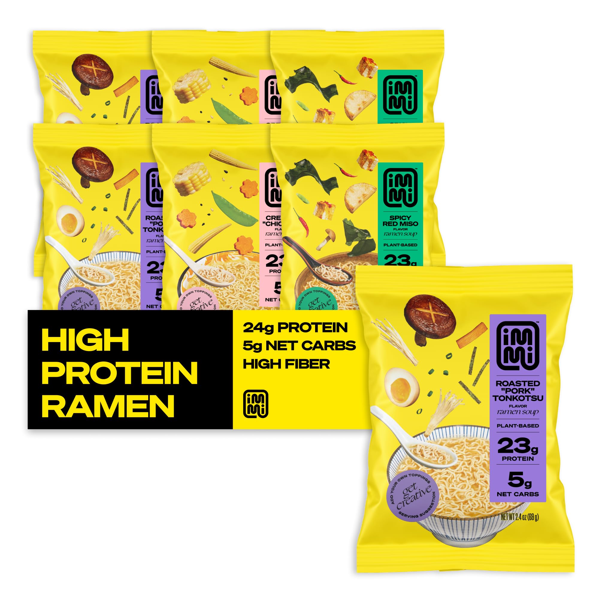Immi Variety Pack Ramen - 6 Pack | 100% Plant-Based Keto Noodles | Creamy Chicken, Spicy Red Miso & Roasted Pork Tonkotsu Flavors | High Protein, Low Carb Ready-to-Eat Meal Kit | Perfect for Quick Lunches, Office Meals & Healthy Vegan Dinners