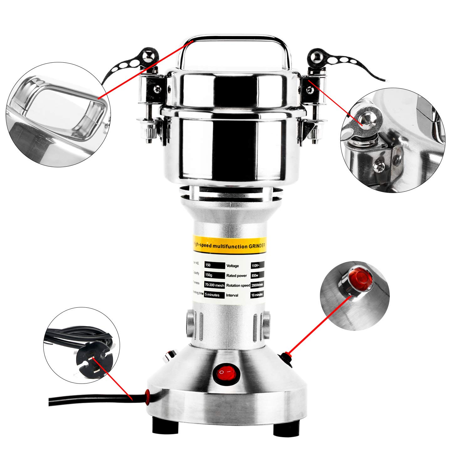 **150g Commercial Electric Grain Mill Grinder - 850W High-Speed Stainless Steel Powder Machine for Spices, Herbs, Pepper & Coffee (70-300 Mesh, 28000 RPM) - Perfect for Home Kitchens, Bakeries & Coffee Shops**