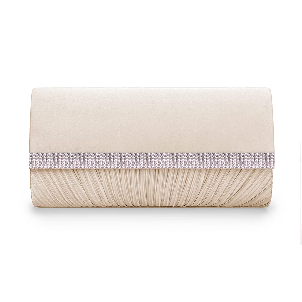 Elegant Rhinestone Pleated Satin Clutch Purse for Women - Sparkly Evening Bag for Party, Prom, Wedding & Special Occasions | Crossbody Handbag with Adjustable Chain